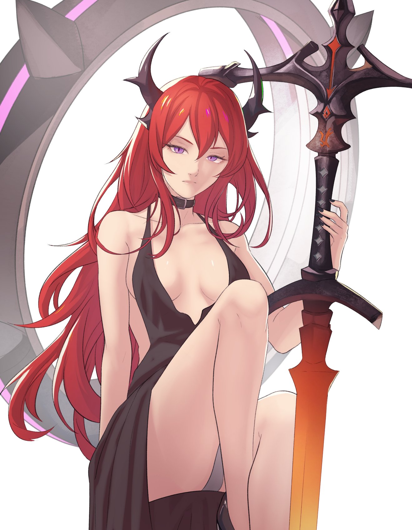 1girls, arknights, bare legs, breasts, collar, collarbone, dress, female, female only, grey panties, highres, horns, legs, long hair, looking at viewer, panties, pantyshot, pomelomelon, purple eyes, red hair, sideboob, sitting, small breasts, solo, surtr (arknights), sword, underwear, very long hair, weapon, white background