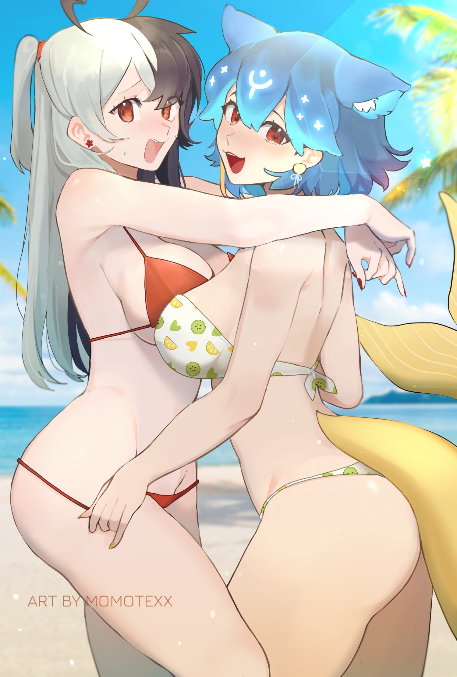 :d, 2girls, animal ear fluff, animal ears, ass, bangs, bao (vtuber), bare arms, bare shoulders, beach, bikini, black hair, blonde hair, blue hair, blue sky, blurry, blurry background, blush, breasts, cowboy shot, day, depth of field, earrings, eyebrows visible through hair, fang, female, fox ears, fox tail, grey hair, hair between eyes, hug, indie virtual youtuber, jewelry, large breasts, long hair, looking at viewer, mixed hair color, momotexx (vtuber), multi ear, multi-strapped bikini, multicolored bikini, multicolored hair, multiple females, multiple girls, nail polish, ocean, open mouth, outdoors, palm tree, red bikini, red eyes, sand, short hair, side-tie bikini, sky, smile, stomach, strapless bikini, streaked hair, string bikini, swimsuit, symmetrical docking, tail, tree, two-tone hair, virtual youtuber, vyugen, water, white bikini, white hair, yuri