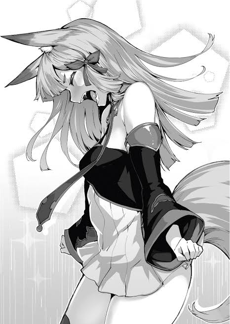 1girls annoyed bare_shoulders blush closed_eyes clothed fangs female female_only fox_ears fox_girl fox_tail guren_(redo_of_healer) kaifuku_jutsushi_no_yarinaoshi long_hair monochrome official_art open_mouth redo_of_healer shiokonbu skirt small_breasts solo_female tagme thick_thighs thighs young young_female