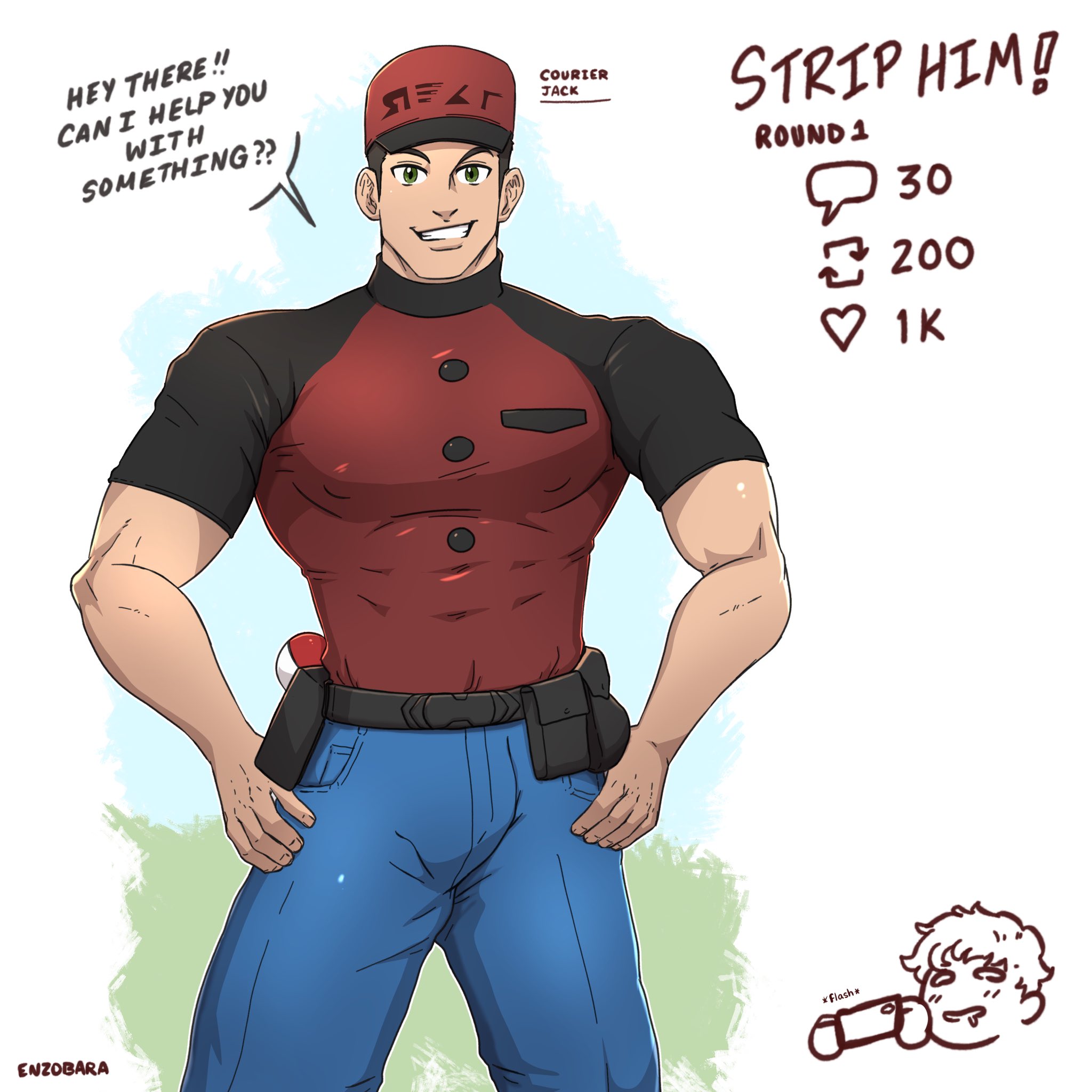 bulge, clothed, clothes, courier (pokemon), dialogue, dilf, english text, enzobara, gay, himbo, male, male only, muscles, muscular, muscular male, npc trainer, pokemon, pokemon sv, skin tight, smile, smiling, smiling at another, smiling at viewer, strip game, thigh clothes