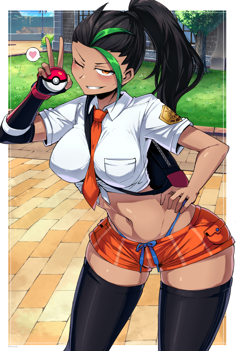 1girls black_hair black_socks breasts brown_skin female freckles game_freak hand_on_hip holding_object human human_only large_breasts leaning_forward long_hair necktie necktie_between_breasts nemona_(pokemon) nintendo outdoors peace_sign pokeball pokemon pokemon_sv ponytail school_uniform schoolgirl short_shorts shorts smile socks suzusiigasuki thigh_socks thighhighs thong tie tied_shirt