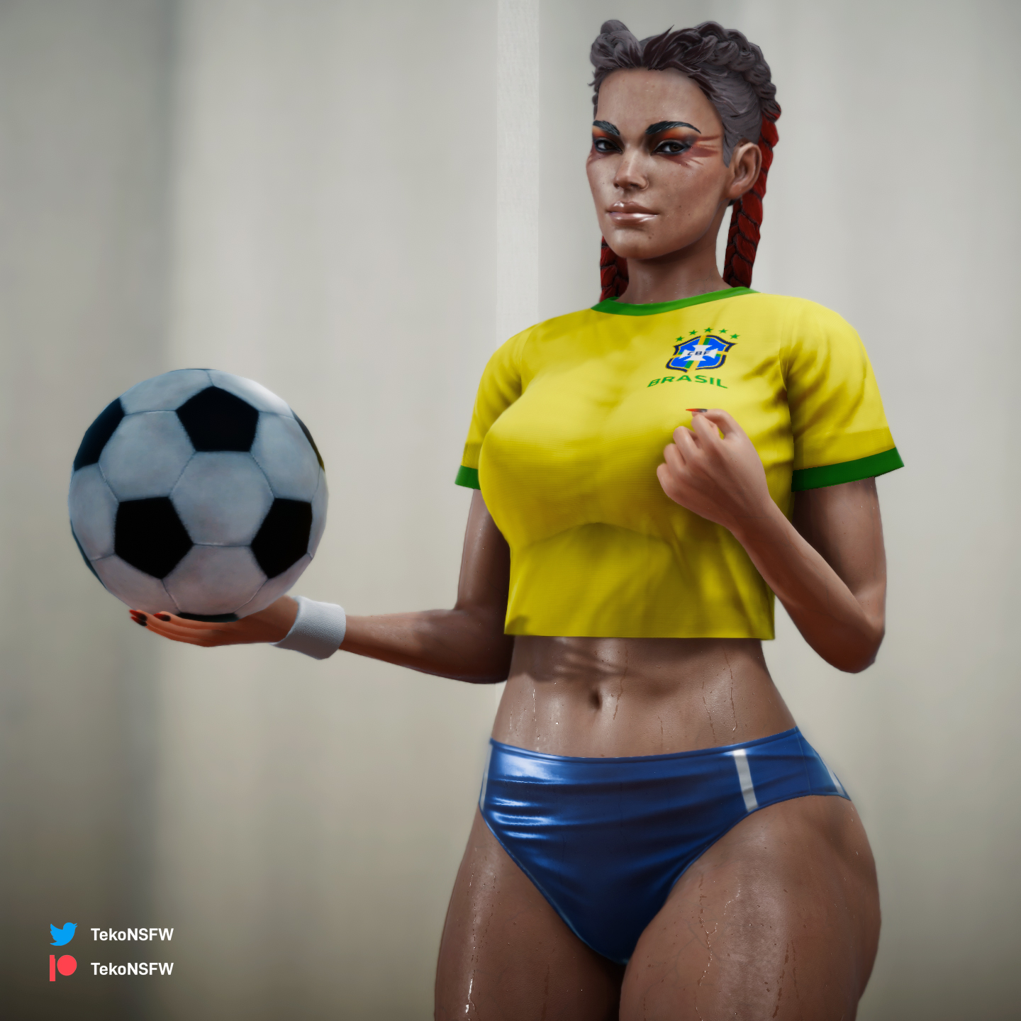 1girls, 3d, apex legends, ass, athletic, athletic female, big ass, black hair, booty shorts, braided hair, braided twintails, brazilian, brazilian female, brazilian flag, brown eyes, brown hair, brown skin, brown-skinned female, electronic arts, eyeliner, female, football, football uniform, latina, loba (apex legends), pigtails, red eyeshadow, red hair, red lipstick, short shorts, shorts, soccer, soccer ball, soccer uniform, tekonsfw, twintails, two-tone hair, yellow eyes