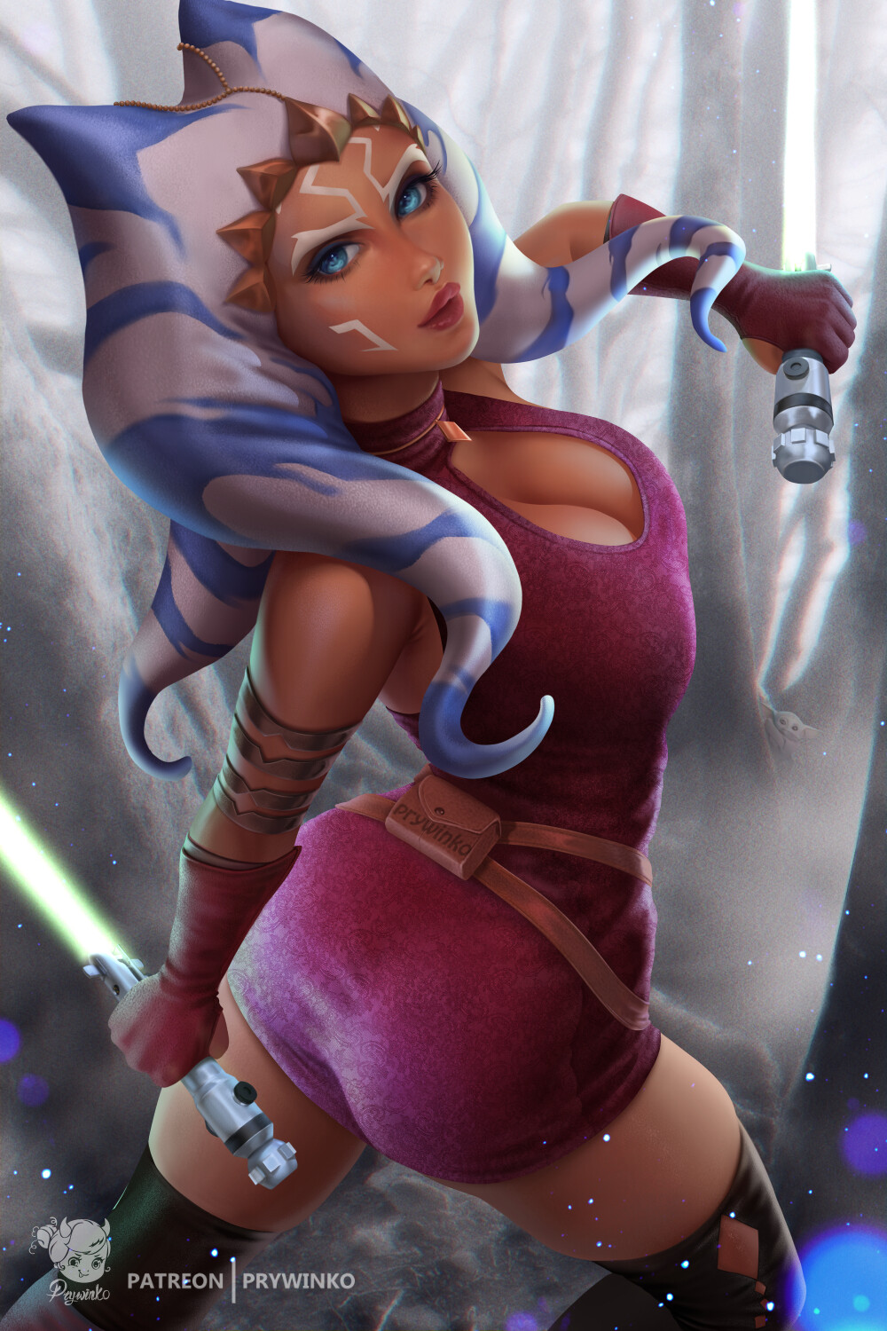 1girls, ahsoka tano, alien, alien girl, ass, blue eyes, boobs and butt pose, breasts, clone wars, dress, female, female only, fully clothed, green lightsaber, hi res, jedi, lightsaber, orange skin, prywinko, realistic, short dress, solo, star wars, text, the clone wars: season four, tight clothing, togruta