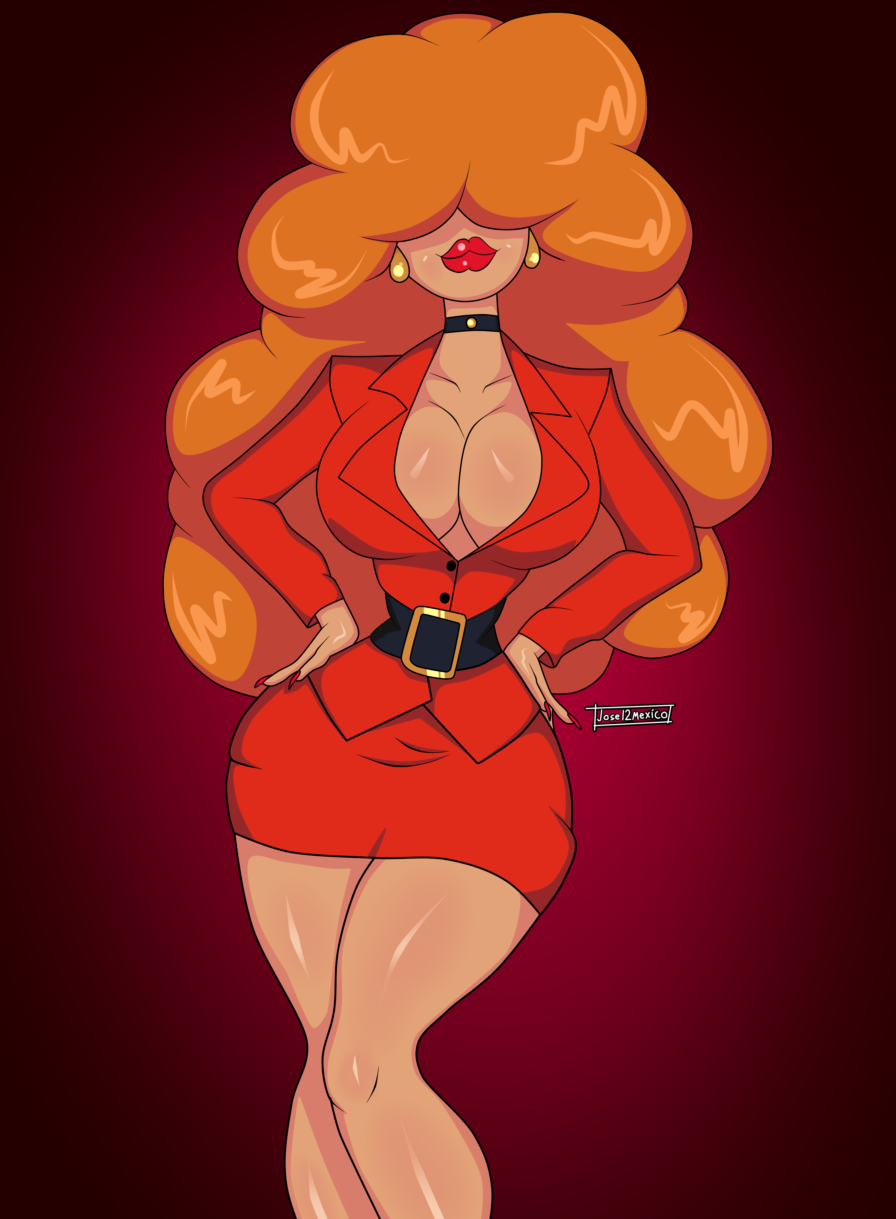 afro, big breasts, big hips, bimbo, breasts, brown hair, cartoon network, dress lift, dressed, eyes covered, female, jose12mexico, lips, lipstick, mature female, milf, no bra, no visible face, powerpuff girls, red dress, red hair, red lipstick, sara bellum, seductive, seductive look, seductive mouth