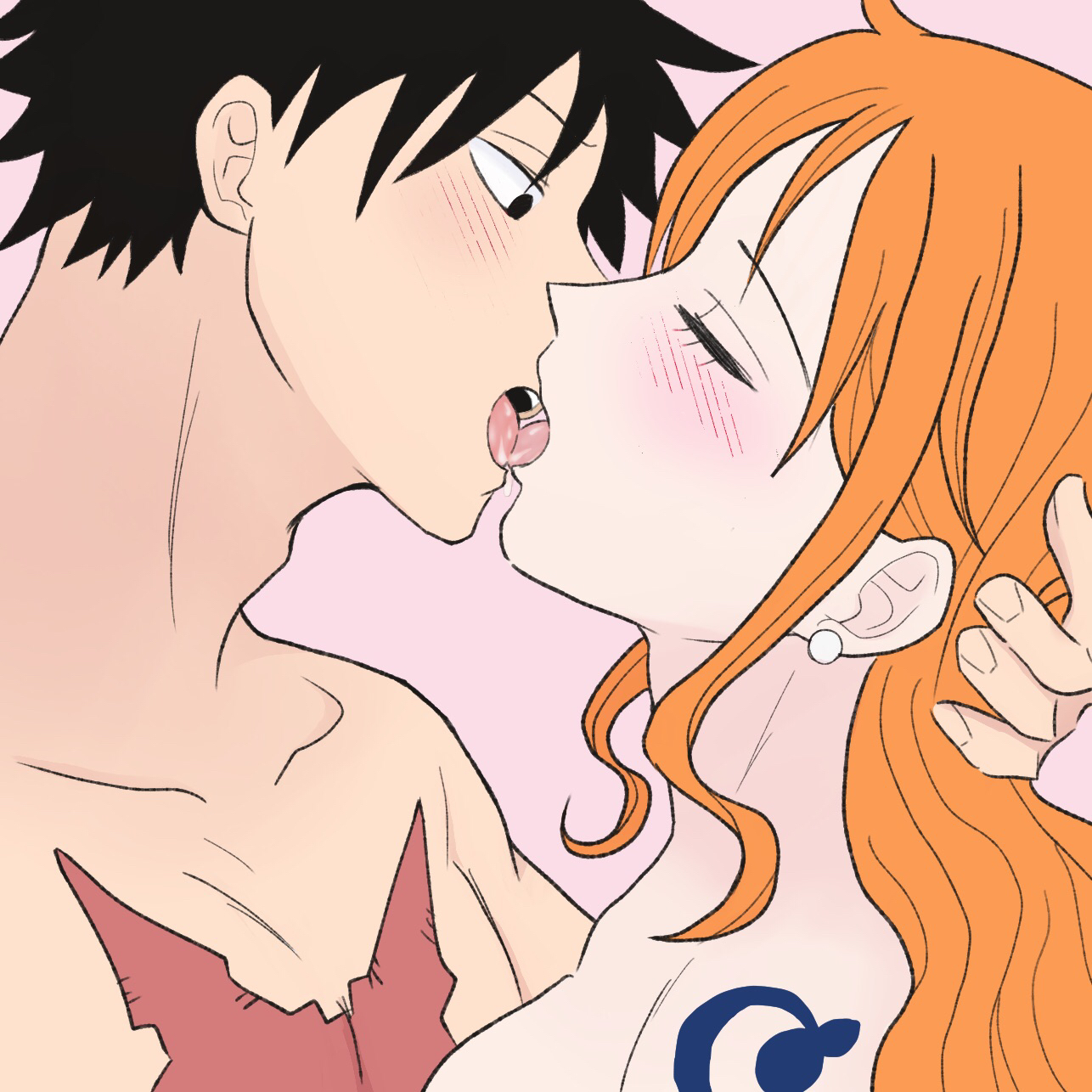 1boy, 1girls, arm tattoo, black hair, black-haired male, blue tattoo, blush, closed eyes, efu lunamilk, female, implied nudity, kissing, long hair, male, monkey d luffy, nami (one piece), nude, one piece, orange hair, orange-haired female, post-timeskip, scar, short hair, tattoo, tongue, tongue kiss, wholesome