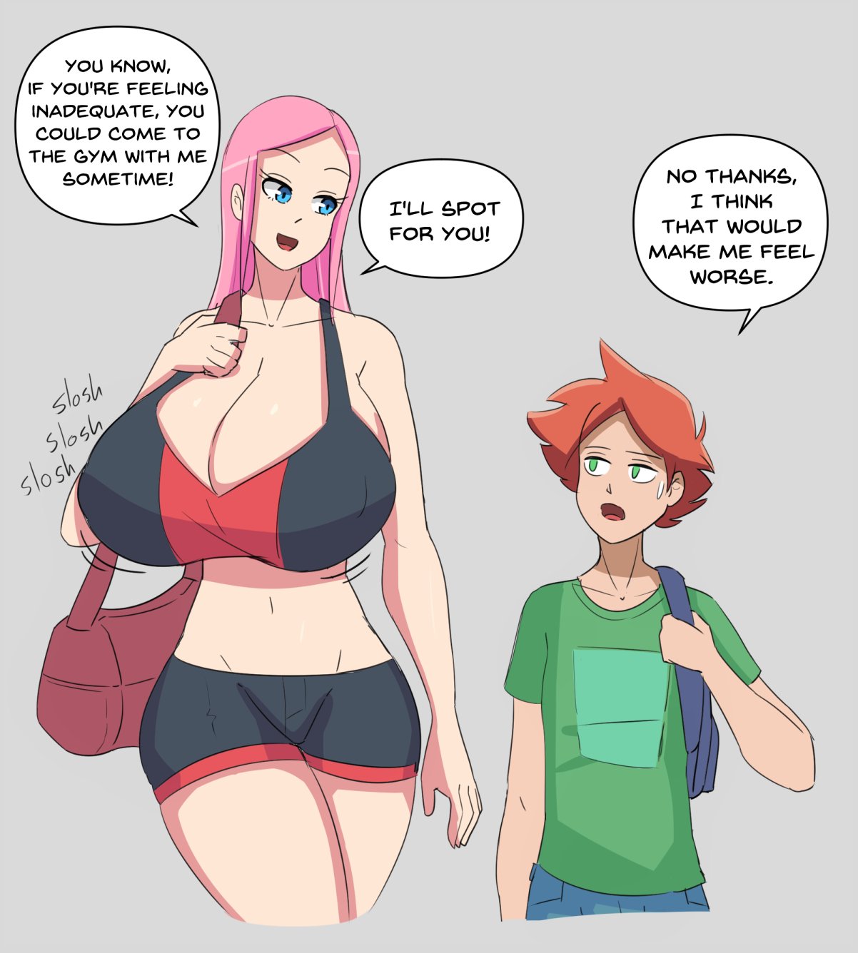 1boy 1girls big_breasts breasts_bigger_than_head enormous_breasts gym_uniform huge_breasts massive_breasts rexcrash64 tagme talking tall_girl taller_girl text