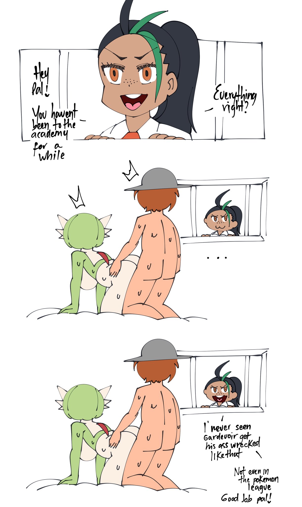 1boy, 1girls, anthro, ass, back, back view, being watched, bubble ass, bubble butt, caught in the act, female, female pokemon, florian (pokemon), funny, gardevoir, green hair, hi res, huge ass, human, human male, human on pokemon, human penetrating, interspecies, joke, light skin, light-skinned male, male, male human/female pokemon, nemona (pokemon), nintendo, oblivious, penis, pokémon (species), pokemon, pokemon (species), pokemon sv, pokephilia, red eyes, saltyxodium, sex, short hair, trainer/pokemon, white body