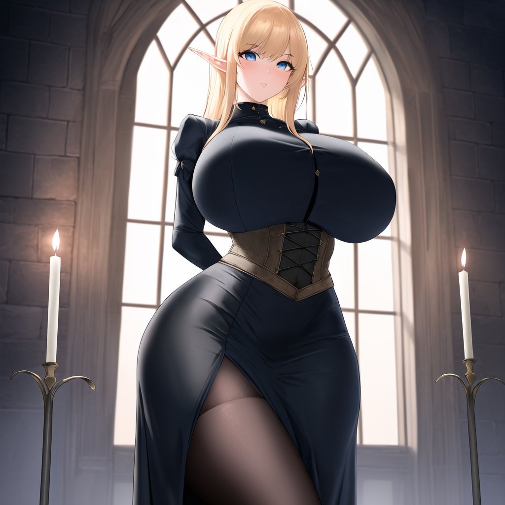 1girls, ai generated, ass, big ass, big breasts, blonde hair, blue eyes, breasts, church, elf, elf ears, female, female only, nai diffusion, original, original character, solo, stable diffusion, thick thighs