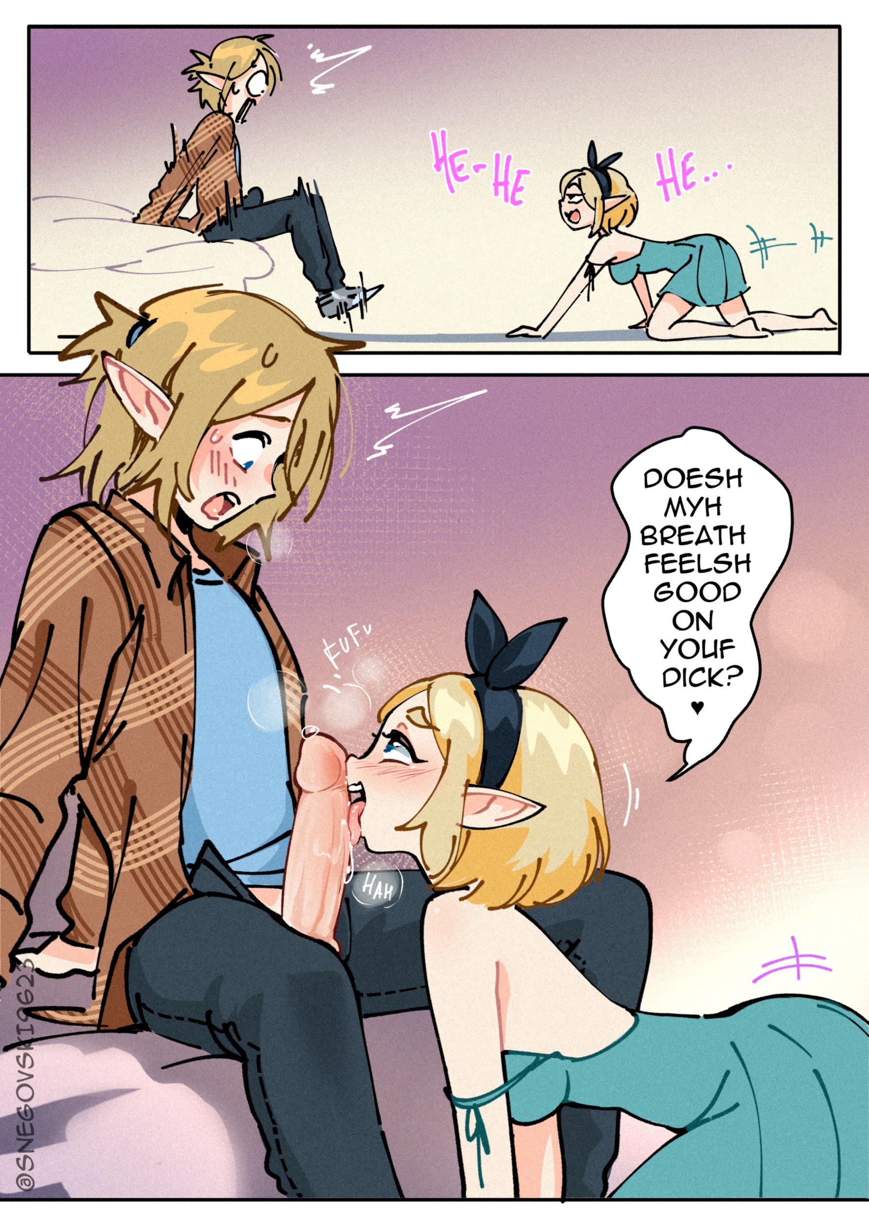 1boy, 1girls, all fours, alternate costume, assertive, assertive female, blonde hair, blowjob, blue eyes, blush, breath of the wild, comic, crawling, dress, erection, fellatio, female, hi res, jacket, licking penis, link, link (breath of the wild), male, nintendo, pants, penis, pointy ears, precum, princess zelda, ribbon, short hair, snegovski, speech bubble, surprised, sweat, tears of the kingdom, text, the legend of zelda, unzipped pants, zelda (tears of the kingdom)