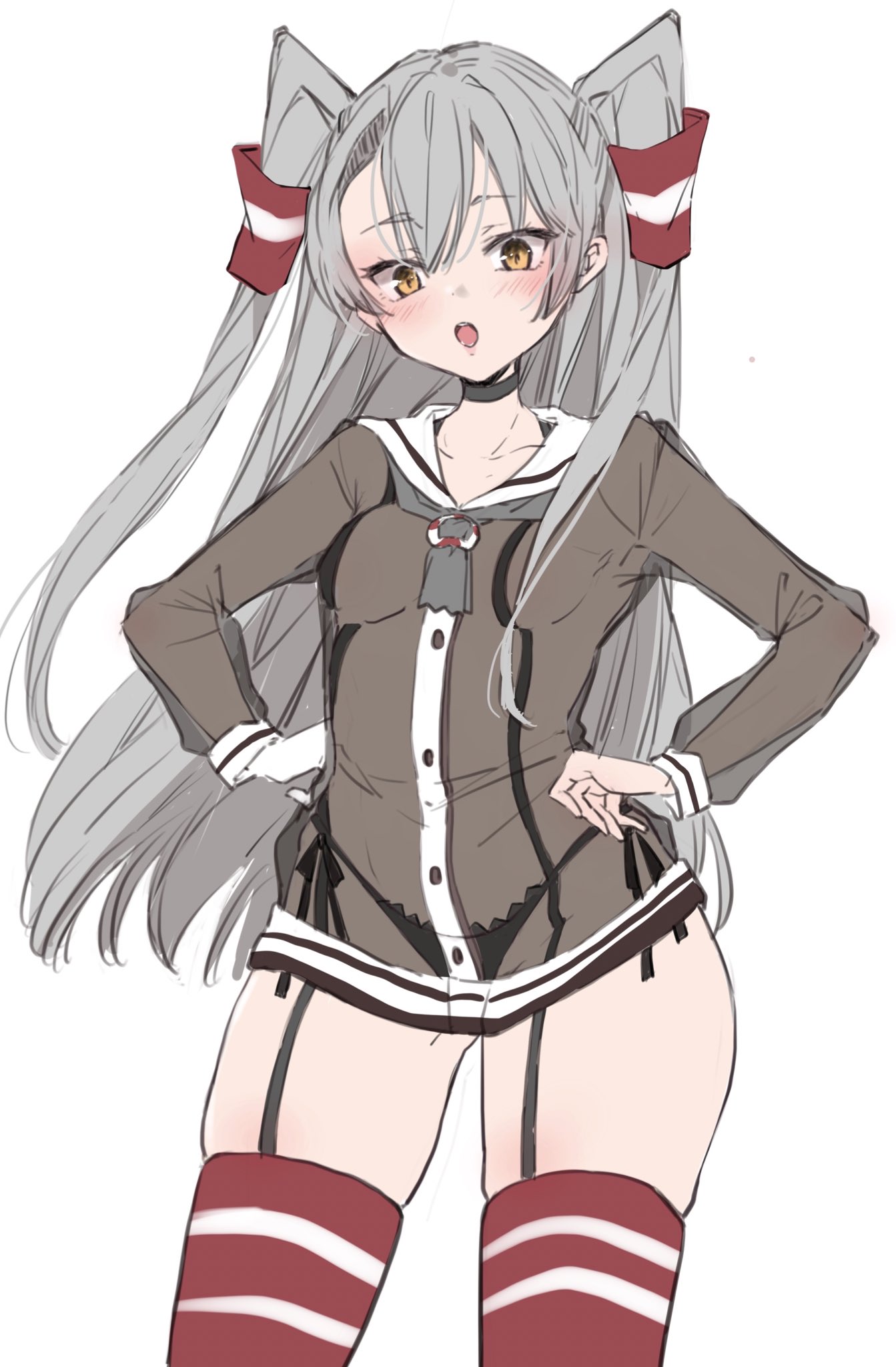 amatsukaze_(kantai_collection) black_panties brown_dress chigasaki_yukari cowboy_shot dress female garter_belt garter_straps grey_hair hair_tubes hands_on_hips highres kantai_collection long_hair medium_breasts orange_eyes panties red_thighhighs safe_for_work sailor_dress school_uniform see-through see-through_dress serafuku short_dress side-tie_panties simple_background solo stripes thighhighs two_side_up underwear white_background