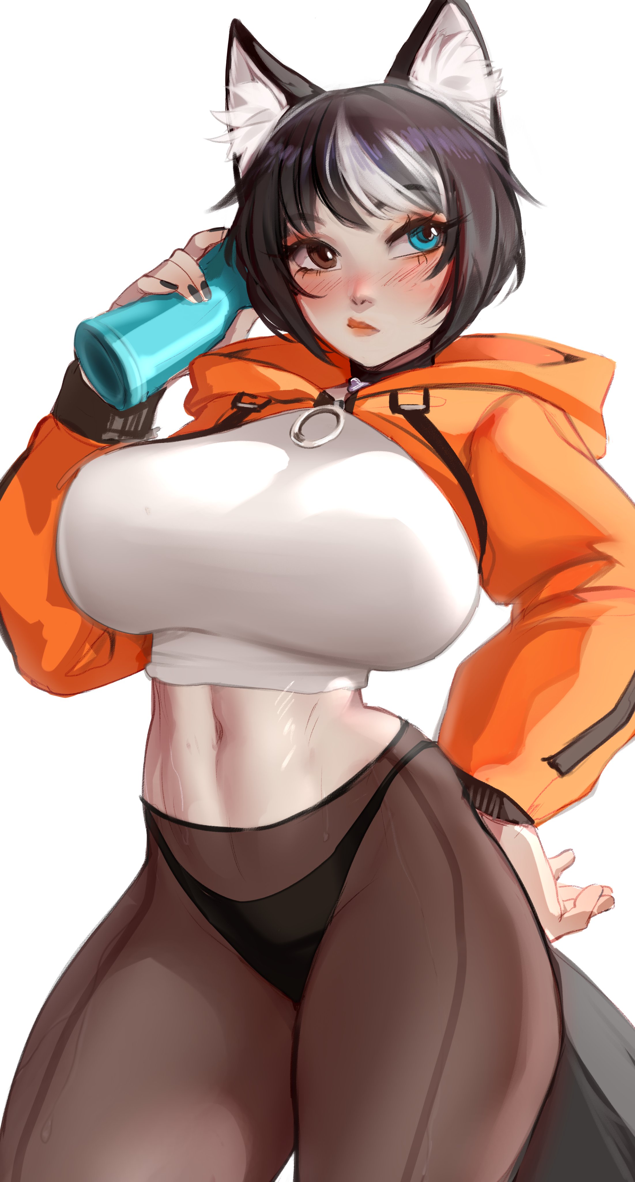1girls, absurd res, aqua eyes, big breasts, blush, bottle, breasts, brown eyes, brown hair, cat ears, cat girl, catgirl, ear tuft, female, female only, hand on hip, holding bottle, hoodie, looking away, maewix1, medium hair, o-ring, panties, panties under pantyhose, pantyhose, solo, sportswear, tail, thick thighs, topwear, white background, white highlights