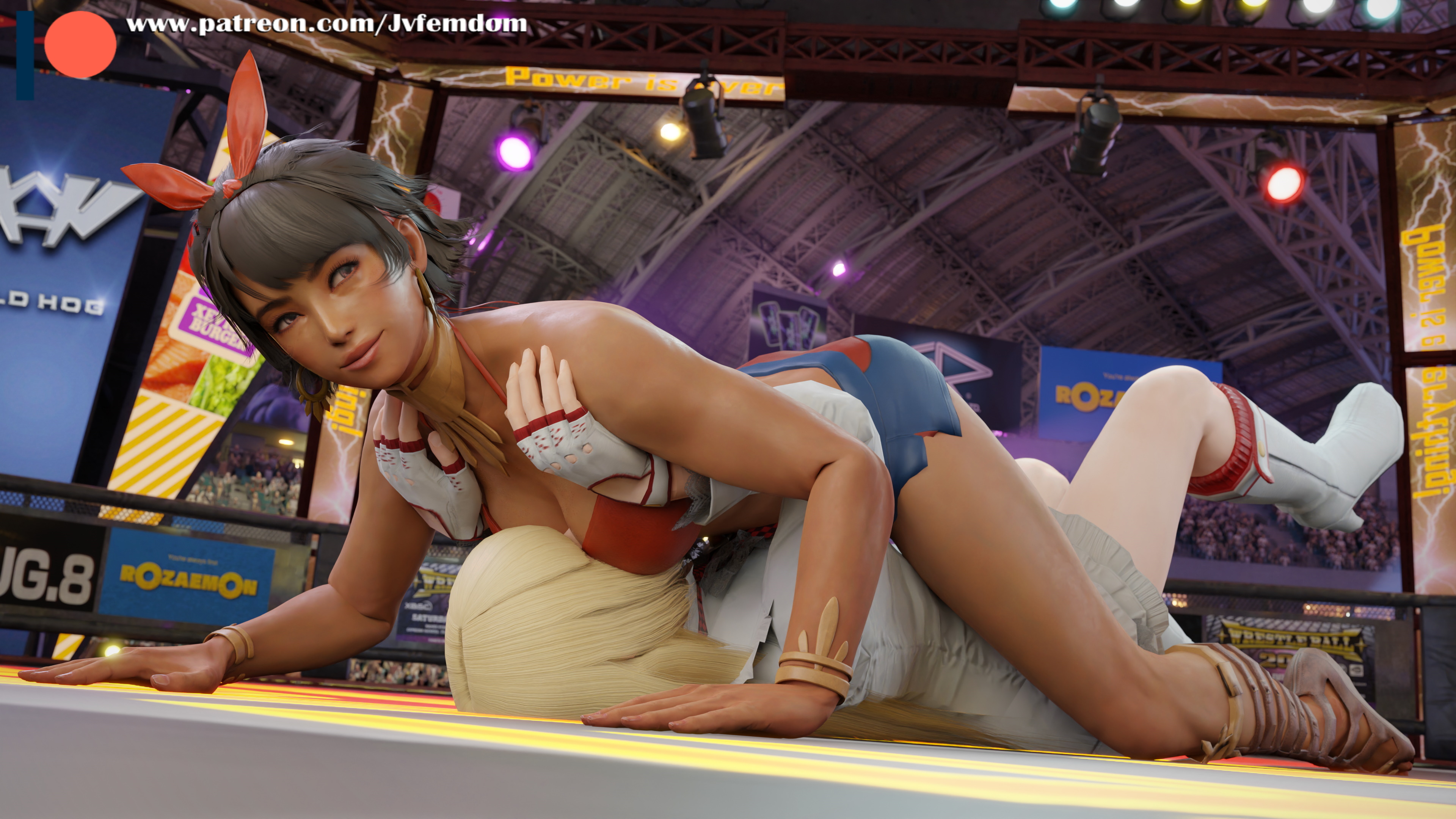 2girls, 3d, 3d (artwork), absurd res, asphyxiation, ass, ass up, beaten, between legs, between thighs, blender, blonde hair, boot fetish, boots, breasts, brown eyes, brown hair, catfight, dominant, dominant female, domination, dominatrix, emilie de rochefort, face in breasts, female, female domination, femdom, fight, fighting, fighting ring, gladiator sandals, headscissor, helpless, highres, humiliation, josie rizal, jvfemdom, legs, lezdom, looking away, looking pleasured, mounted, mounting, pinned, pinned down, pinned to floor, ryona, sadism, sadistic, short hair, smile, smirk, smirking, smothering, straddling, struggling, tekken, tekken 7, thick ass, thick thighs, thighs, video games, white boots, wrestling, yuri