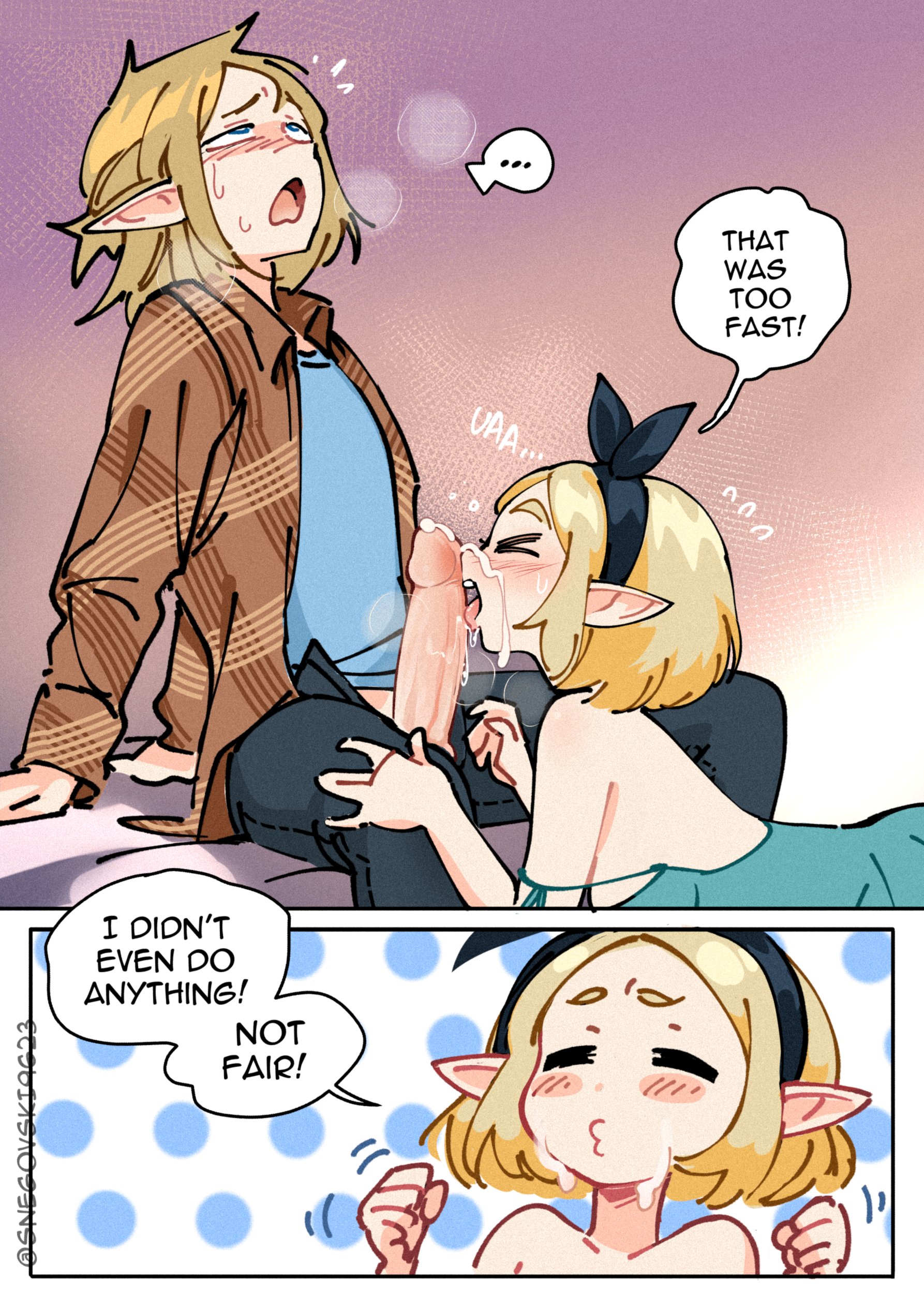 1boy, 1girls, alternate costume, angry, blonde hair, blowjob, blue eyes, blush, closed eyes, comic, crawling, cum, cum on face, dress, erection, eyes rolling back, facial, fellatio, female, hi res, jacket, licking penis, link, male, nintendo, orgasm, pants, penis, pointy ears, pout, premature ejaculation, princess zelda, ribbon, sad, short hair, snegovski, speech bubble, surprised, sweat, tears of the kingdom, text, the legend of zelda, unzipped, zelda (tears of the kingdom)