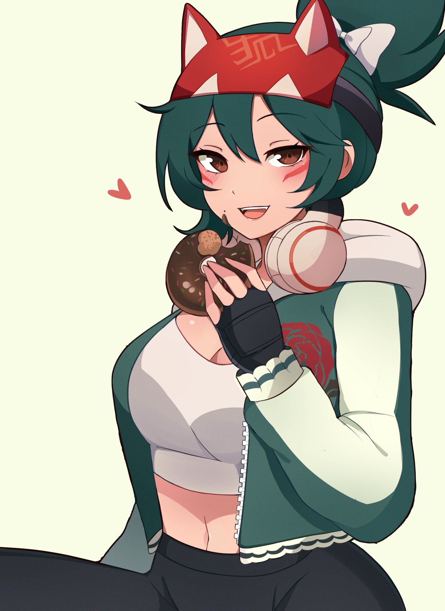 2d, blizzard entertainment, donut, female, fully clothed, headphones around neck, heart, kiriko (overwatch), overwatch, overwatch 2, rukia daichi, staring at viewer, sukajan kiriko