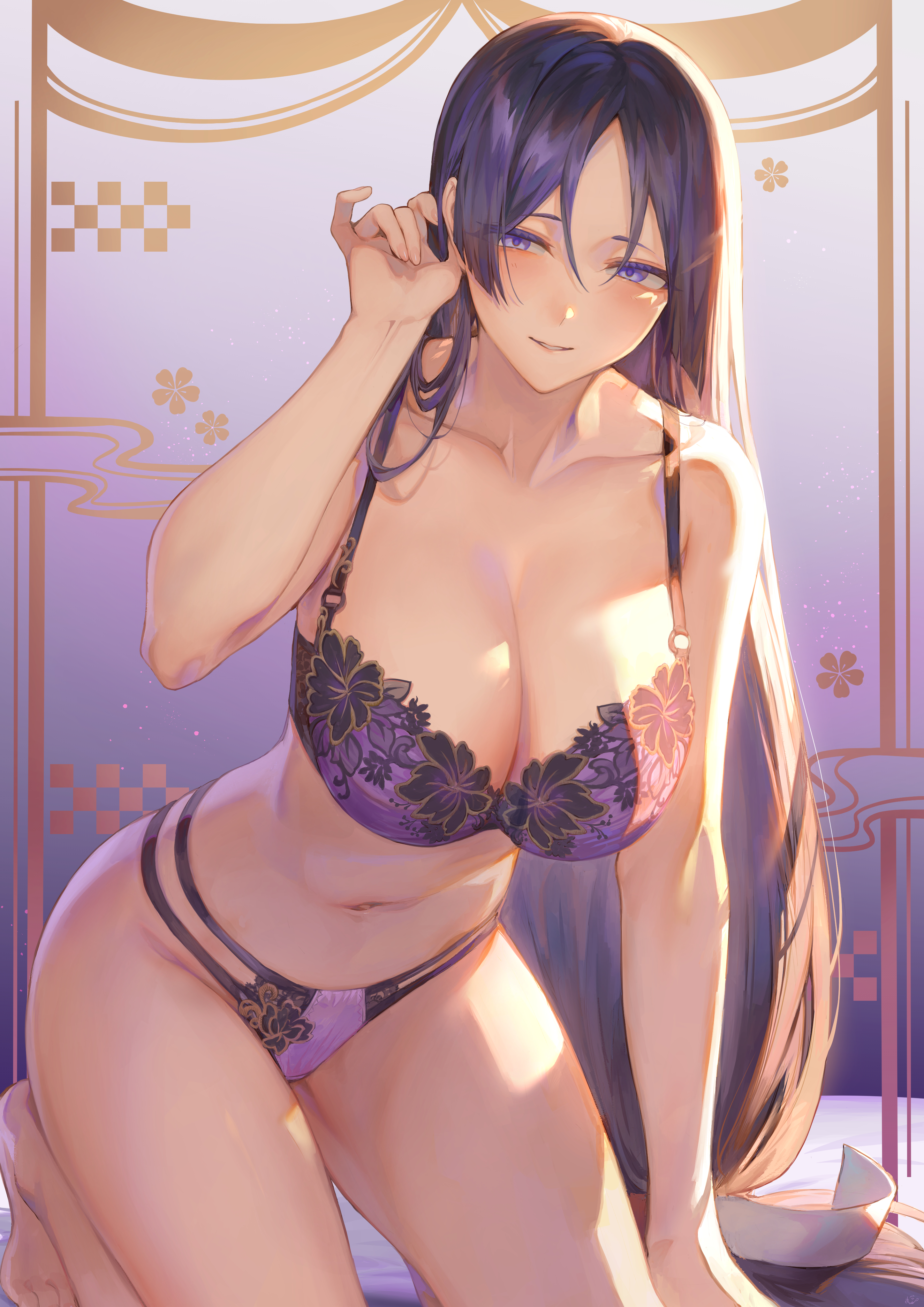 1girls, absurd res, absurdres, arm support, bangs, barefoot, bed, bedroom, belly, belly button, big breasts, blush, blush lines, blushing at viewer, bra, breasts, cleavage, clothing, collarbone, fate (series), fate/grand order, female, female focus, female only, floral print, hand in own hair, hi res, high resolution, highres, kneeling, large breasts, leaning forward, light skin, light-skinned female, lingerie, long hair, looking at viewer, low-tied long hair, mashu 003, matching underwear, mature female, minamoto no raikou (fate), minamoto no raikou (fate/grand order), navel, on bed, panties, parted bangs, parted lips, purple background, purple bra, purple eyes, purple hair, purple panties, shiny, shiny clothes, shiny hair, shiny skin, smile, solo, solo female, solo focus, stomach, thighs, toes, underwear, underwear only, very long hair, wide hips