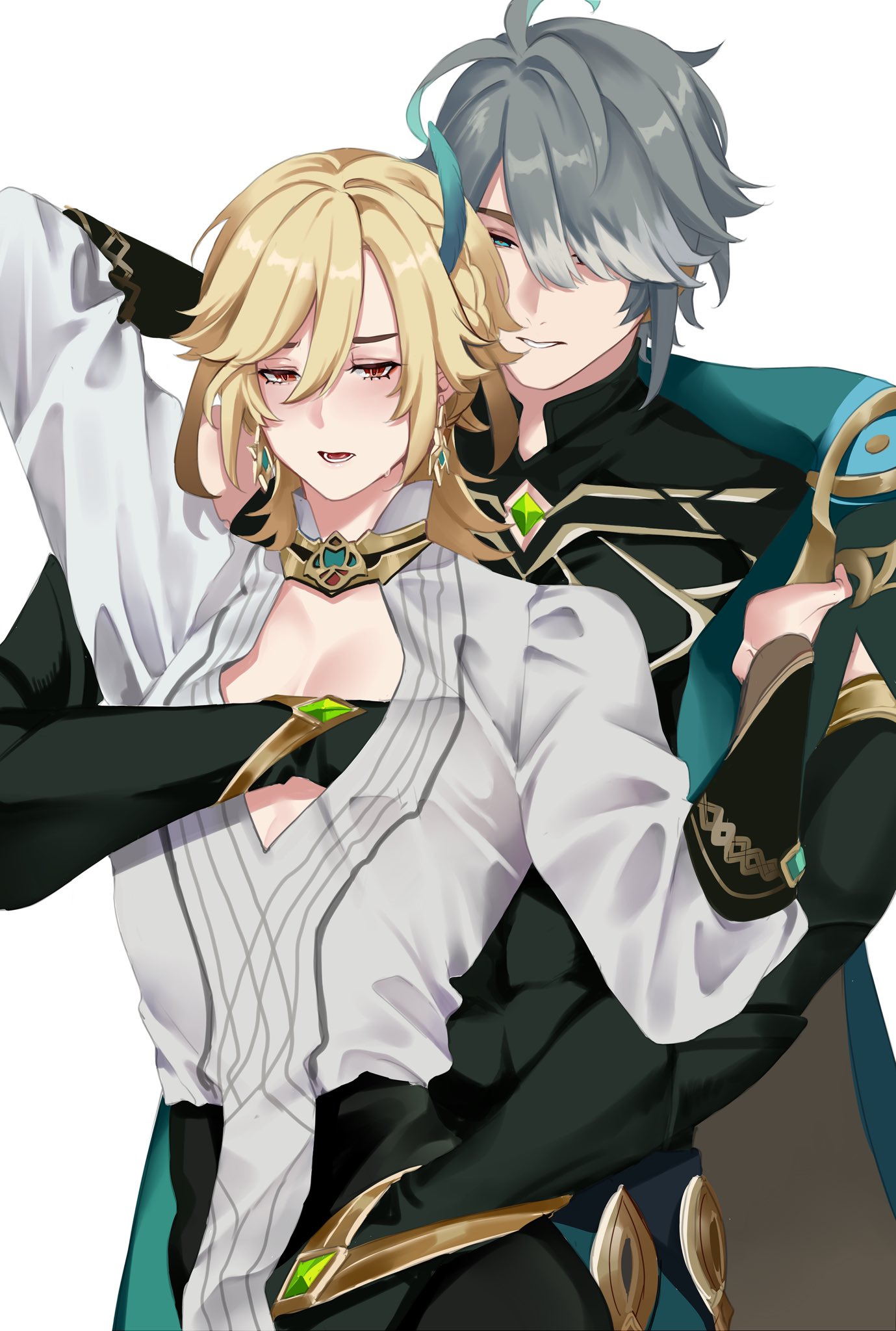 2boys, alhaitham (genshin impact), blonde hair, boob window, breasts, gay, genshin impact, green eyes, grey hair, groping, groping breasts, groping from behind, kaveh (genshin impact), male, male only, male/male, multicolored hair, muscular, muscular male, red eyes, submissive male, twink, yaoi