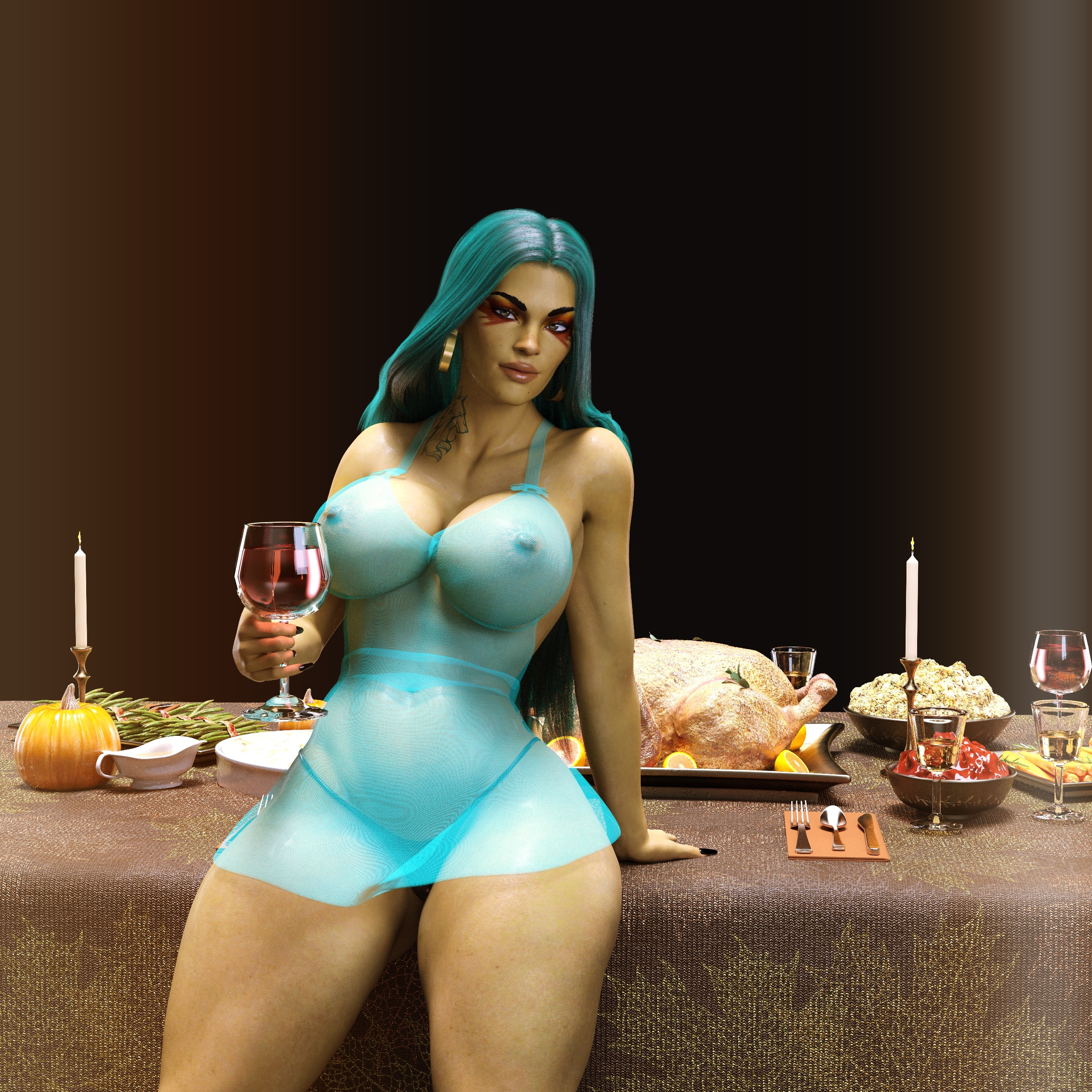 1girls, 3d, apex legends, ass, big ass, big breasts, black nail polish, black nails, blue dress, blue hair, breasts, dark skin, dark-skinned female, dress, female, food, gm studios, hoop earrings, latina, loba (apex legends), nail polish, respawn entertainment, see-through, see-through clothing, see-through dress, thanksgiving, thick thighs