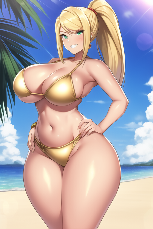 1girls, ai generated, ass, bikini, blonde hair, breasts, curvy, female, gold bikini, green eyes, hand on hip, huge ass, huge breasts, long hair, looking at viewer, metroid, nai diffusion, ponytail, samus aran, seductive smile, shiny hair, shiny skin, stable diffusion, wide hips