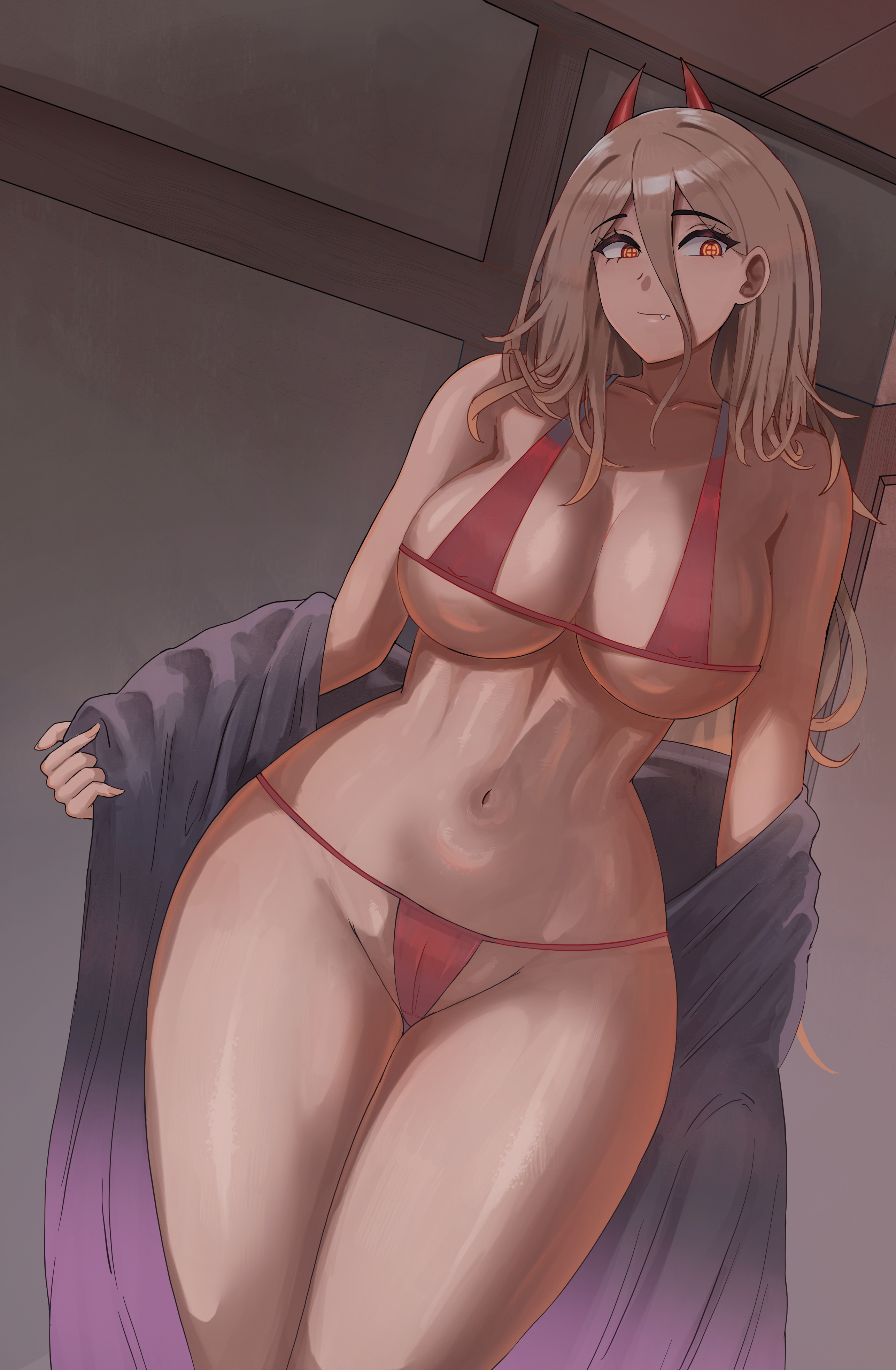 1girls, amber eyes, bikini, breasts, chainsaw man, devil horns, female, female only, hourglass figure, large breasts, power (chainsaw man), voidmakerz, voluptuous