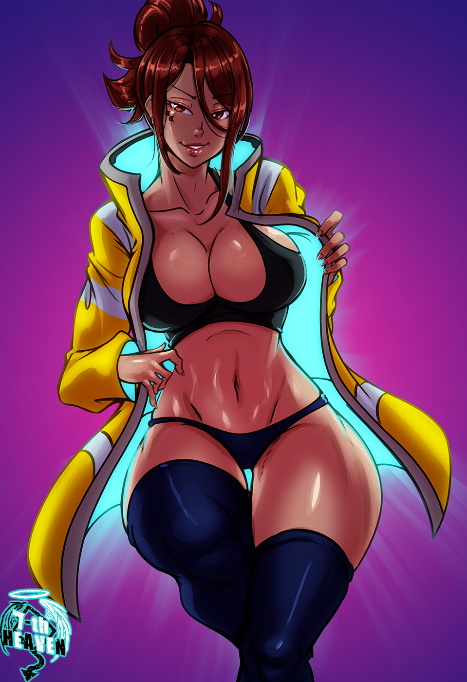 1girls 7th-heaven alternate_skin_color belly belly_button big_ass big_breasts bra cd_projekt_red cleavage cyberpunk:_edgerunners cyberpunk_2077 female female_only gloria_martinez_(edgerunners) hair_bun jacket large_breasts latina latina_milf looking_at_viewer milf naughty_face netflix orange_eyes panties red_hair showing_off smile solo solo_female solo_focus sports_bra studio_trigger text thick_thighs thighhighs voluptuous