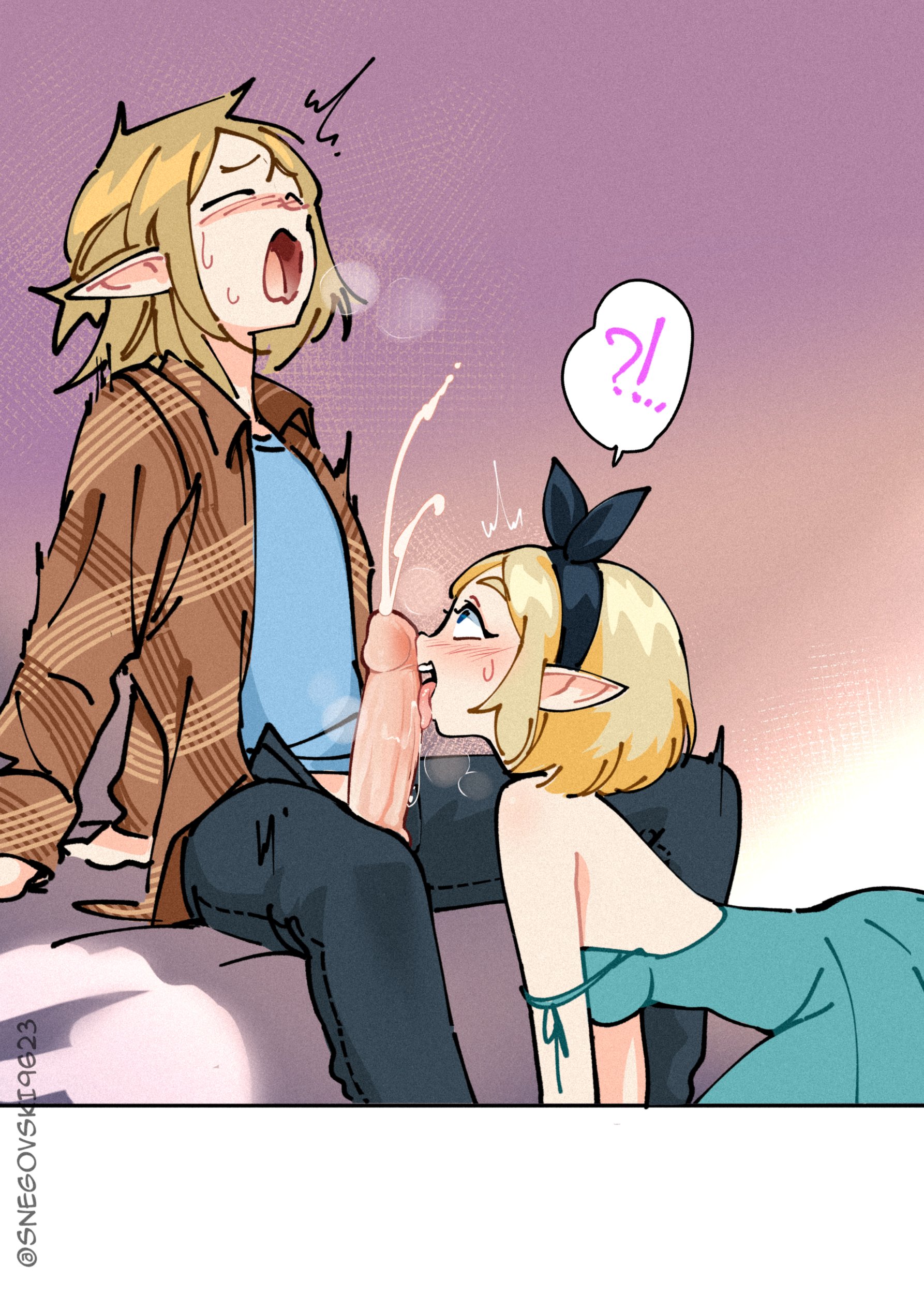 1boy, 1girls, all fours, alternate costume, blonde hair, blowjob, blue eyes, blush, breath of the wild, comic, crawling, cum, cumming, cumshot, dress, ejaculation, erection, fellatio, female, girl finishing, hi res, jacket, licking penis, link, link (breath of the wild), male, nintendo, open mouth, orgasm, pants, penis, pointy ears, premature ejaculation, princess zelda, ribbon, short hair, snegovski, speech bubble, surprised, sweat, tears of the kingdom, text, the legend of zelda, unzipped, zelda (tears of the kingdom)