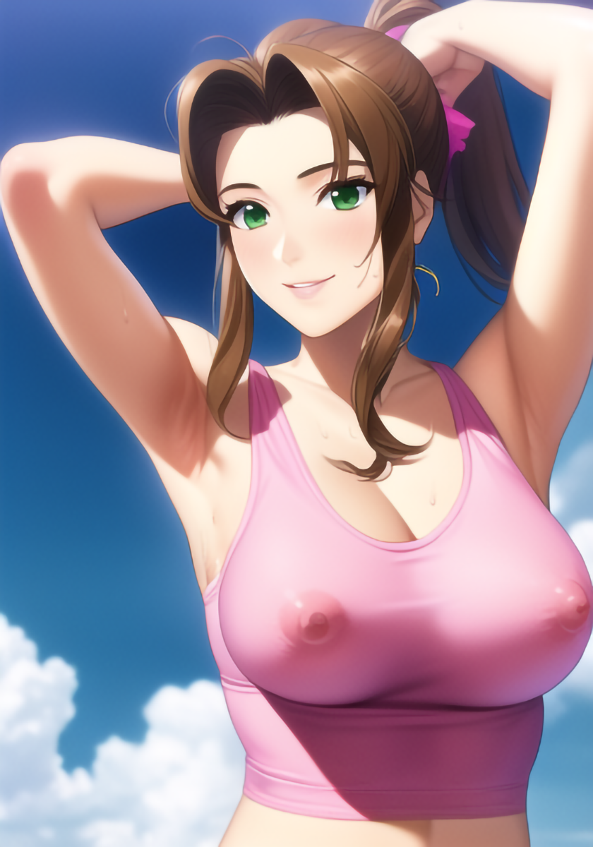 1girls, aerith gainsborough, ai generated, areolae, armpits, arms up, female, final fantasy, final fantasy vii, final fantasy vii remake, green eyes, hair ornament, long hair, looking at viewer, nai diffusion, nipples, outdoors, pink topwear, ponytail, see-through, smile, stable diffusion, sweat