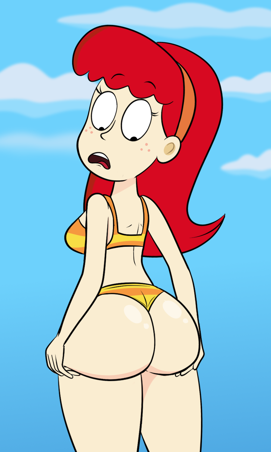 1girls 5_fingers bea_goldfishberg big_ass big_breasts bikini black_eyes cute disney disney_channel female fish_hooks freckles hairband hands_on_ass hands_on_own_ass human humanized looking_back orange_hairband red_hair scobionicle99 sideboob source_request striped_bikini tagme thick_thighs