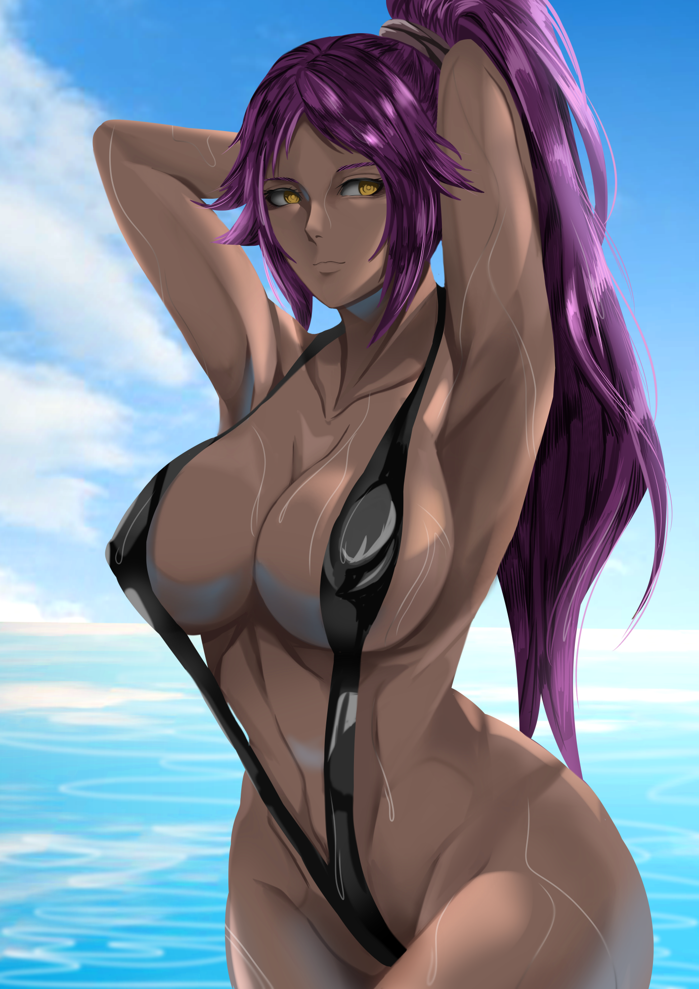 1girls, armpits, arms behind head, bikini, black bikini, bleach, breasts, dark skin, dark-skinned female, drawnielart, expressionless, female, highres, large breasts, long hair, looking at viewer, ocean, one piece swimsuit, ponytail, purple hair, shihouin yoruichi, sideboob, sky background, slingshot swimsuit, solo, swimsuit, water, wet, wet breasts, yellow eyes