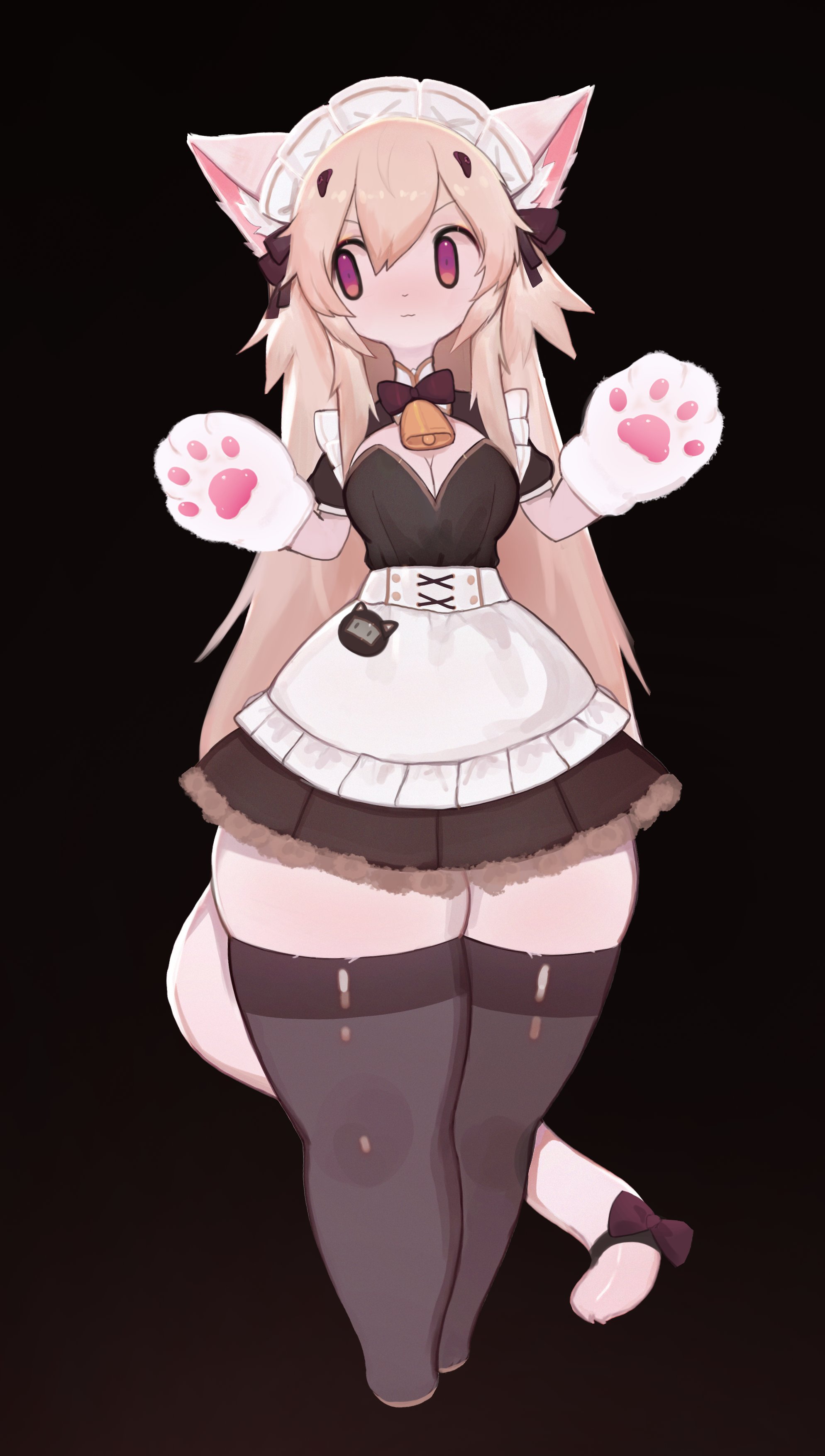 1girls, anthro, black background, blonde hair, cat ears, cat paws, cat tail, domestic cat, ecchi, feline, female, female focus, female only, full body, fur, furry, furry only, long hair, looking away, maid, maid headdress, maid uniform, neck bell, neck ribbon, pawpads, pose, purple eyes, safe for work, sfw, soda uyu, solo, stockings, tail, tail ribbon, thick thighs, thigh squish, very high resolution