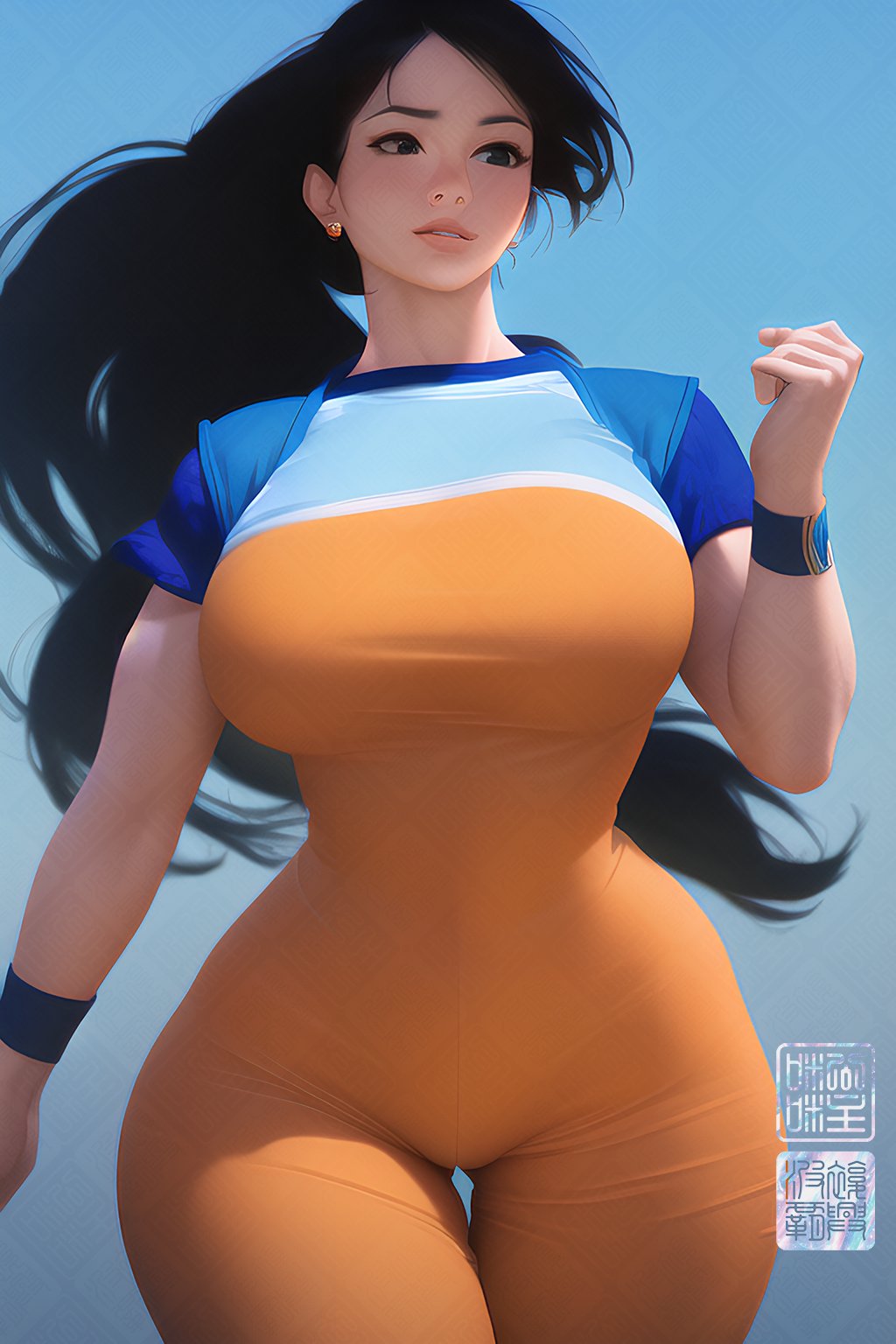 1girls, ai generated, big breasts, breasts, clothed female, female, female only, high resolution, highres, long hair, looking at viewer, nai diffusion, oppaissance, original, original character, ponytail, solo, stable diffusion