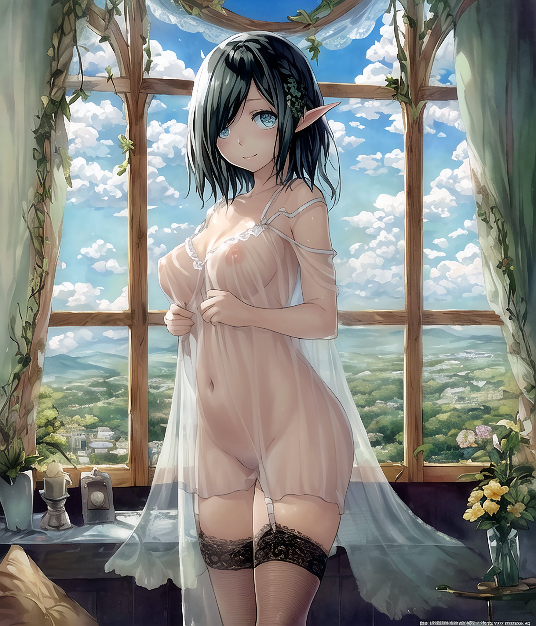 1girls, ai generated, black hair, curvy figure, elf, elf ears, female, female only, high resolution, highres, long hair, nai diffusion, original, solo, stable diffusion, voluptuous, voluptuous female