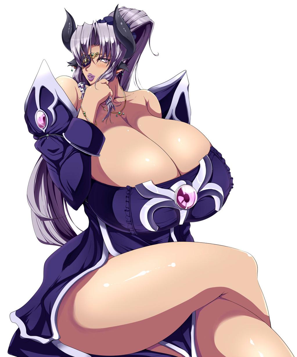 animal_ears bare_shoulders blush breasts cleavage collarbone cow_ears cow_girl crossed_legs curvy dress earrings eyepatch female female_focus gigantic_breasts high_ponytail highres horns jewelry light_purple_hair lips long_hair looking_at_viewer lyudmila_korovanova_xiii matsumoto_katsuya necklace no_bra original parted_lips pelvic_curtain ponytail purple_dress purple_hair queen shiny shiny_skin sidelocks simple_background sitting solo strapless strapless_dress thick_thighs thighs white_background