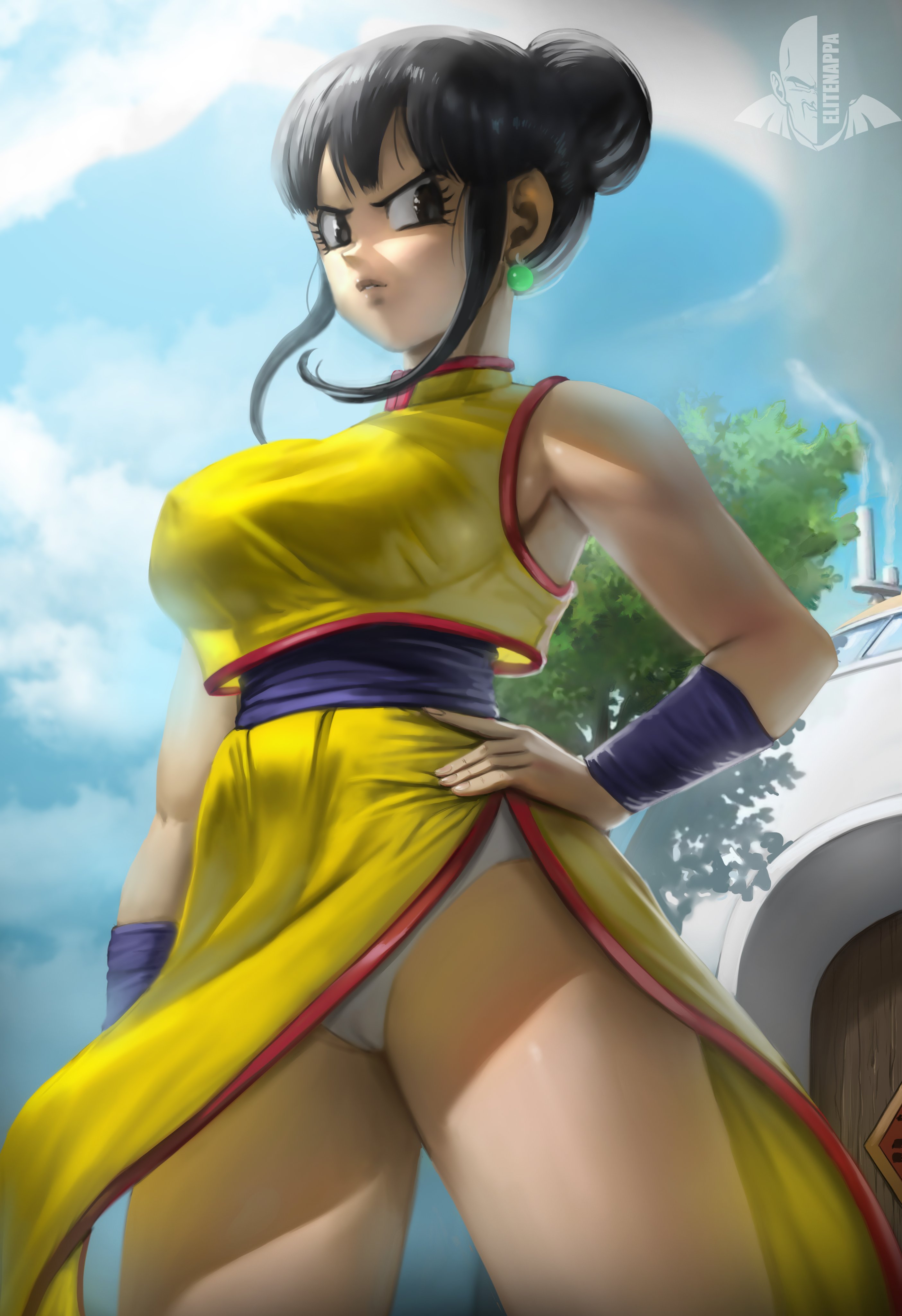 1girls, black hair, cameltoe, chichi, clothing, cloud, dragon ball, dragon ball z, dress, ear piercing, earrings, elitenappa, female, female only, hand on hip, house, human, looking at viewer, milf, outside, panties, piercing, pussy, shounen jump, sky, solo, thick thighs, tree, warrior, wide hips