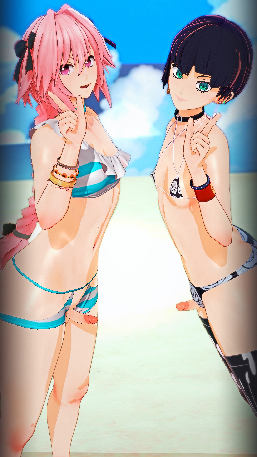 2boys, astolfo (fate), blue eyes, erection, fate (series), fate/grand order, female, femboy, girly, green hair, koikatsu, looking at viewer, male, male focus, male only, male/female, nahobino (smt), otokonoko, penis, pink eyes, pink hair, protagonist (shin megami tensei v), qxdt, shin megami tensei, shin megami tensei v, small penis, swimsuit