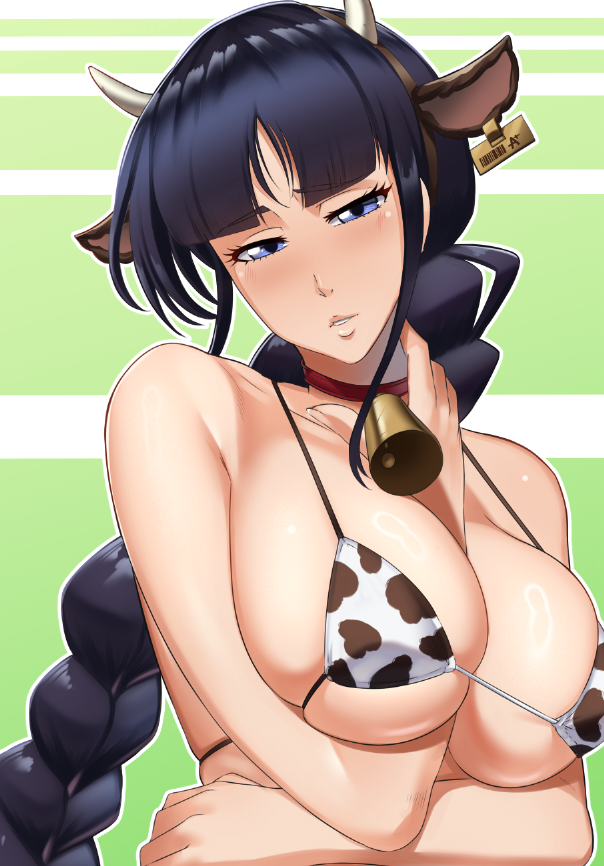 animal_print animal_print_bikini arm_between_breasts big_breasts bikini bikini_top black_hair bleach blunt_bangs braid braided_ponytail breasts bust busty castell cow_ears cow_girl cow_horns cow_print cow_print_bikini cowbell crossed_arms fake_animal_ears fake_ears fake_horns female female_only green_eyes hair_ornament hairband horns huge_breasts kurotsuchi_nemu light-skinned_female light_skin long_hair looking_at_viewer milf necklace neckwear oppai ponytail solo solo_focus tied_hair very_long_hair voluptuous