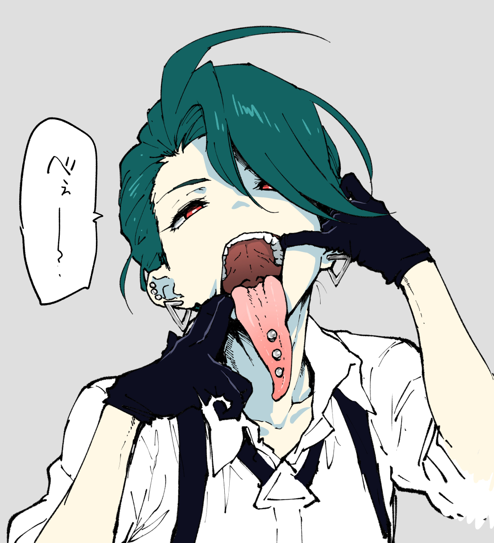 1girls ahegao00 ahemaru androgynous blue_hair chili_(pokemon_sv) deepthroat_invitation dress_shirt ear_piercing elite_four female female_only flat_chest gesture gloves green_hair hands_in_mouth inviting inviting_to_oral inviting_to_sex japanese_text long_tongue looking_at_viewer open_eyes open_mouth opening_mouth oral_invitation pierced_ears piercing pokemon pokemon_sv red_eyes reverse_trap rika_(pokemon) short_hair solo speaking_to_viewer spread_mouth suspenders teal_hair tomboy tongue tongue_out tongue_piercing translation_request