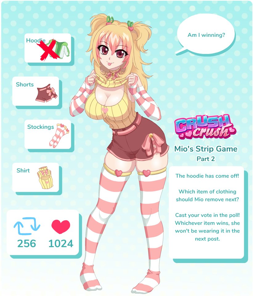 1girls 420_(number) 69_(number) bare_shoulders blonde_hair breasts cleavage copyright_logo crush_crush dialogue english_text eyebrows_visible_through_hair female female_only light-skinned_female light_skin mio_(crush_crush) official_art red_eyes ribbon_on_shorts sad_panda_studios shorts solo solo_female stockings strip_game striped_armwear striped_legwear striped_stockings sweater text twintails yellow_shirt yellow_sweater