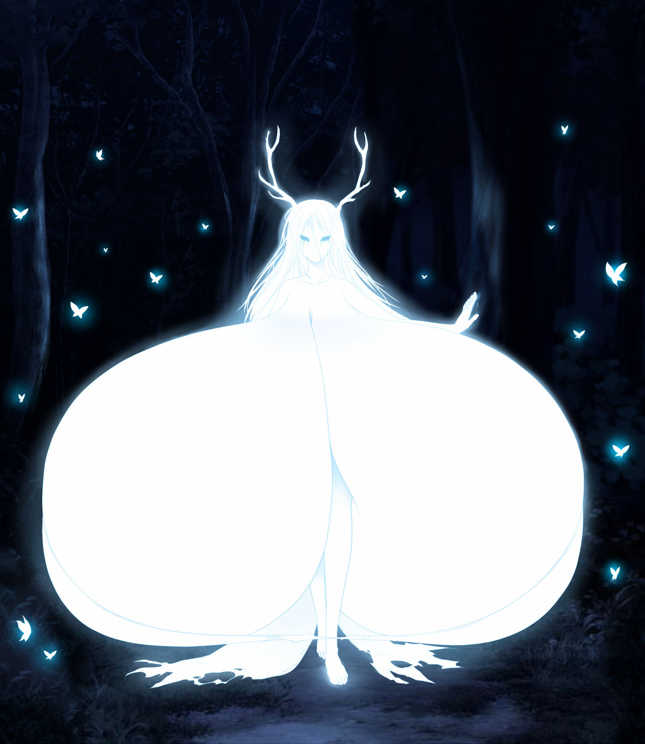 1girls barefoot breasts_bigger_than_body breasts_bigger_than_head breasts_bigger_than_torso butterfly deer_antlers forest glowing horns hyper hyper_breasts massive_breasts saburox tagme