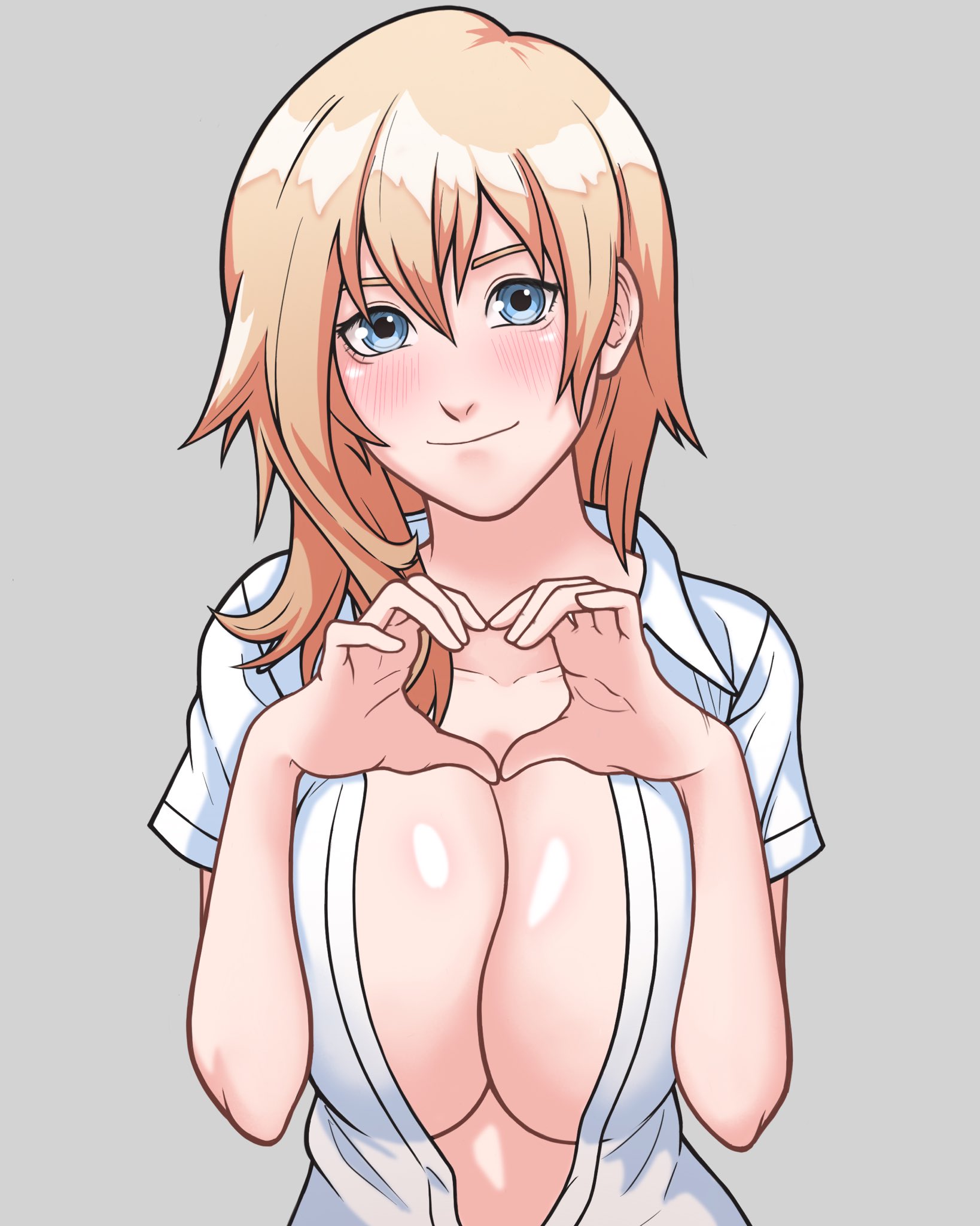 1girls, 2022, big breasts, blonde hair, blonde-haired female, blue eyes, blush, breasts, female, grey background, heart hands, kingdom hearts, medium hair, namine, open shirt, seifuku slayer, square enix