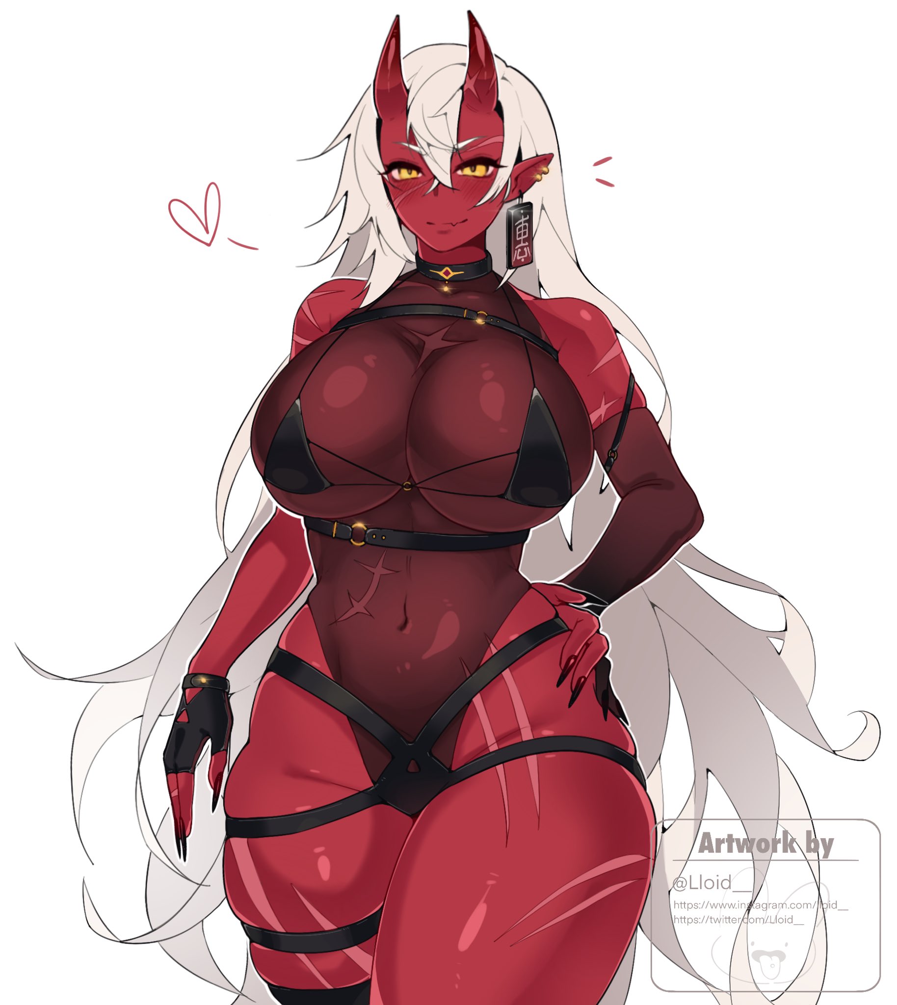 1girls, akumi, big breasts, big thighs, breasts, confident, female, hand on own hip, horns, lloid, oni, oni female, oni horns, red skin, red-skinned female, scars, see-through, virtual youtuber, voluptuous, voluptuous female, vyugen, white hair, yellow eyes