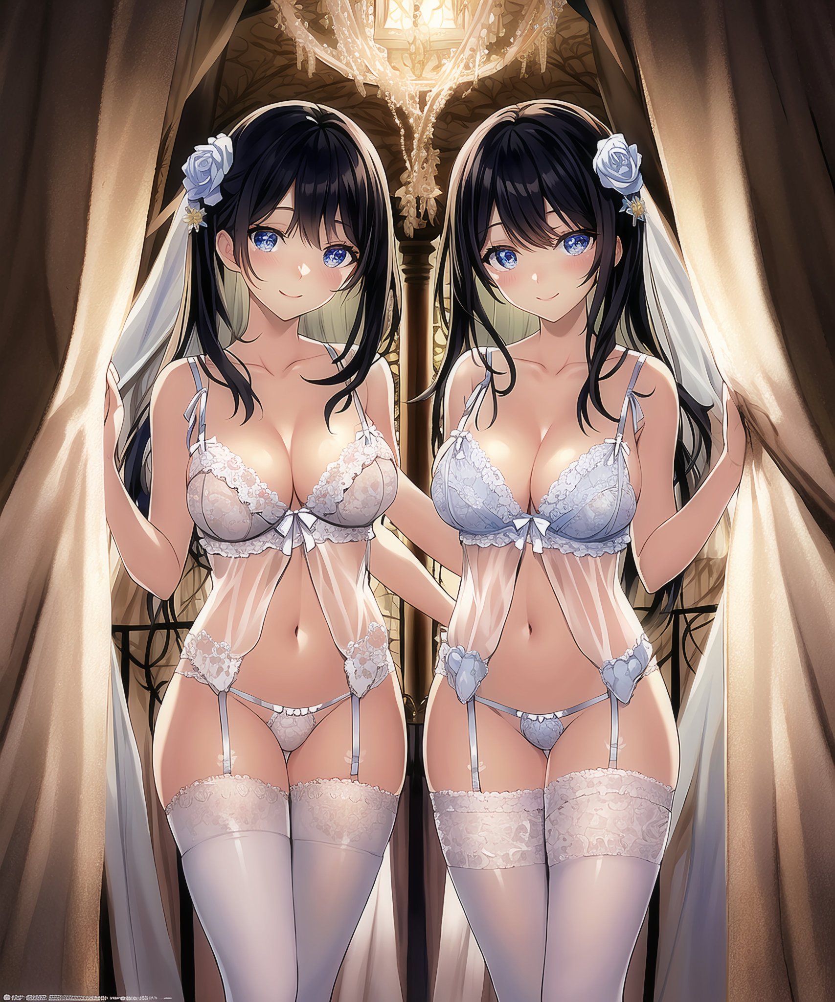 2girls, ai generated, big breasts, black hair, breasts, bulging breasts, curvaceous, curvy body, curvy female, curvy figure, female, female only, high resolution, highres, long hair, looking at viewer, multiple females, multiple girls, nai diffusion, original, stable diffusion, voluptuous, voluptuous female, white lingerie