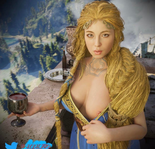 1girls 3d aesir_(norse_mythology) areolae azzat blonde_hair blue_dress blue_eyes braided_hair breasts female female_only front_view god_of_war god_of_war_ragnarok goddess long_hair looking_at_viewer milf nipples norse_mythology outdoors sif_(god_of_war) solo sony_interactive_entertainment tattoo tattoos twitter_username