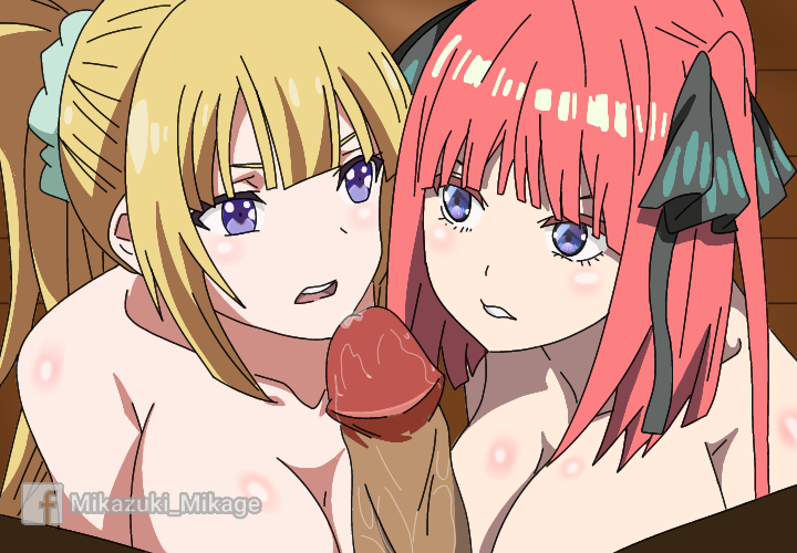 1boy 2girls black_ribbon blonde_hair blue_eyes breasts classroom_of_the_elite crossover facebook_username go-toubun_no_hanayome karuizawa_kei large_breasts mikazuki_mikage multiple_girls nakano_nino penis pink_hair ponytail pov ribbon seiyuu_connection twintails voice_actor_connection watermark youkoso_jitsuryoku_shijou_shugi_no_kyoushitsu_e