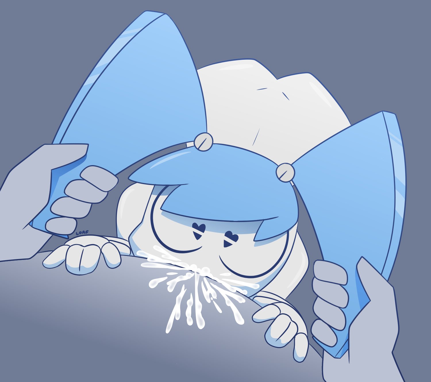 ass, blowjob, blowjob handles, blue hair, cum, cum in mouth, cum in throat, deepthroat, fellatio, female, grabbing hair, hair grab, heart-shaped pupils, jenny wakeman, loafnsfw, male, my life as a teenage robot, nickelodeon, penis, robot, robot girl, robot humanoid, sucking penis, twintails, white body