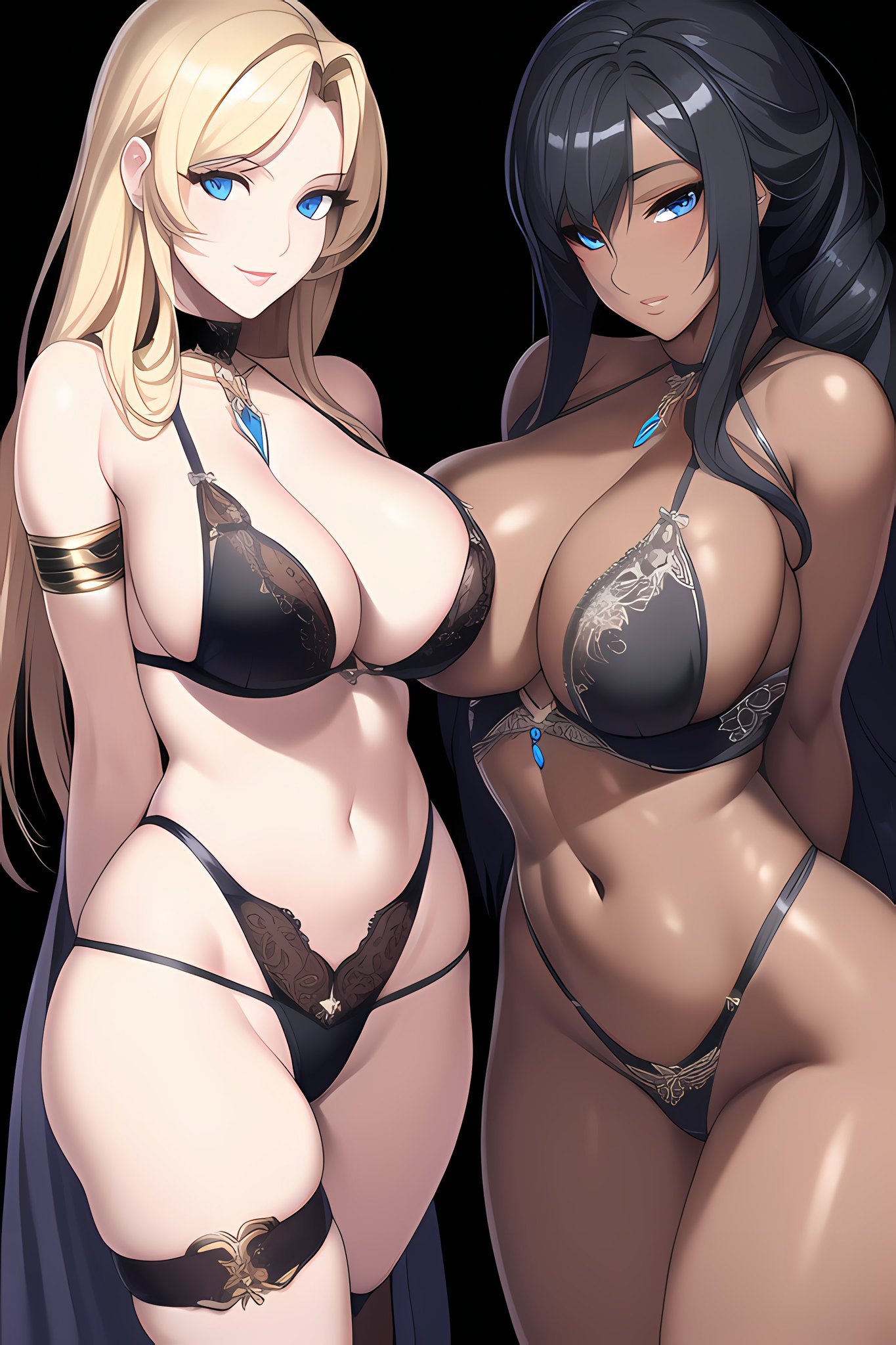 2girls, ai generated, black hair, blonde hair, chocolate and vanilla, curvaceous, curvy female, dark skin, dark-skinned female, female, female only, high resolution, highres, light skin, light-skinned female, long hair, looking at viewer, multiple females, multiple girls, nai diffusion, original, stable diffusion, voluptuous, voluptuous female