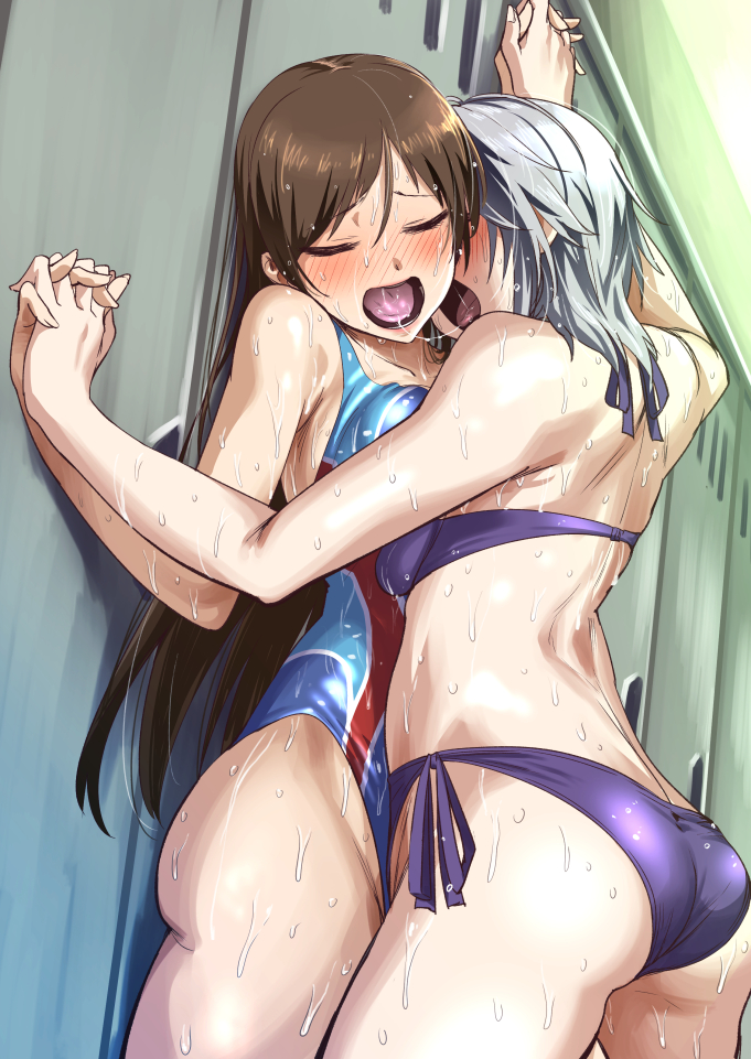 2girls, after kiss, anastasia (idolmaster), bikini, blush, blushing, breast press, breasts, brown hair, closed eyes, female, hair between eyes, holding hands, idolmaster, idolmaster cinderella girls, locker room, lockers, long hair, nitta minami, open mouth, saliva, saliva trail, short hair, silver hair, swimsuit, tongue, wet, yuri