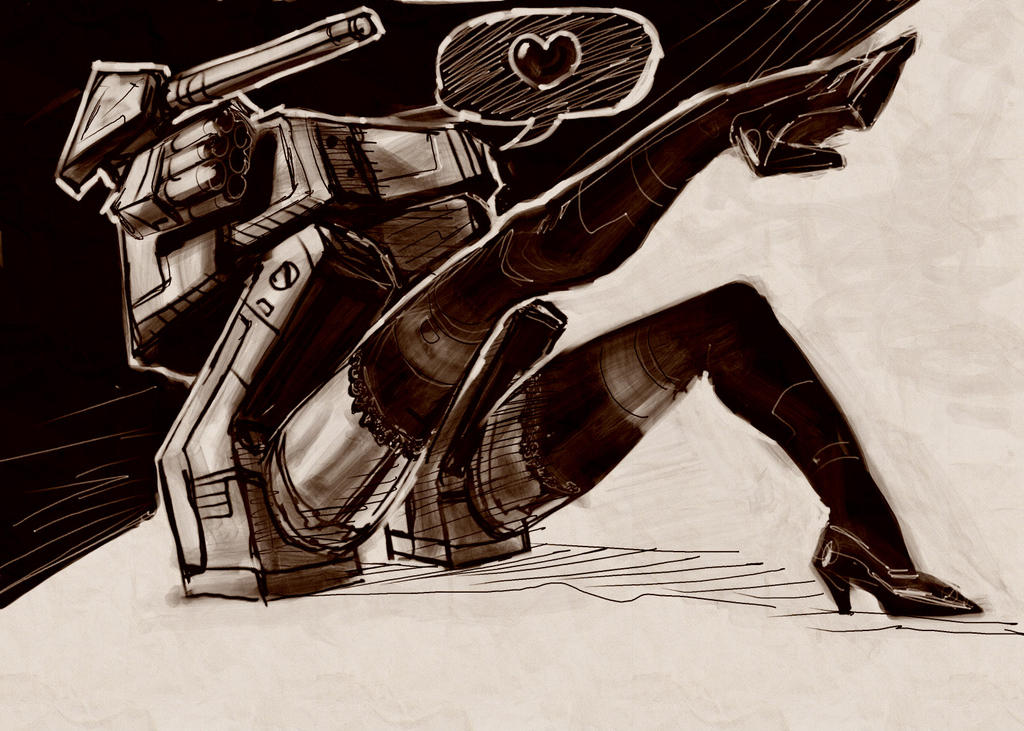 a_weapon_to_surpass_metal_gear dialogue_bubble firearm garter_straps gekko_(metal_gear_solid) heart high_heels kajinman mechanical metal_gear metal_gear_(series) metal_gear_solid metal_gear_solid_v monochrome presenting robot simple_background sketch stockings tagme two_tone_background weapon