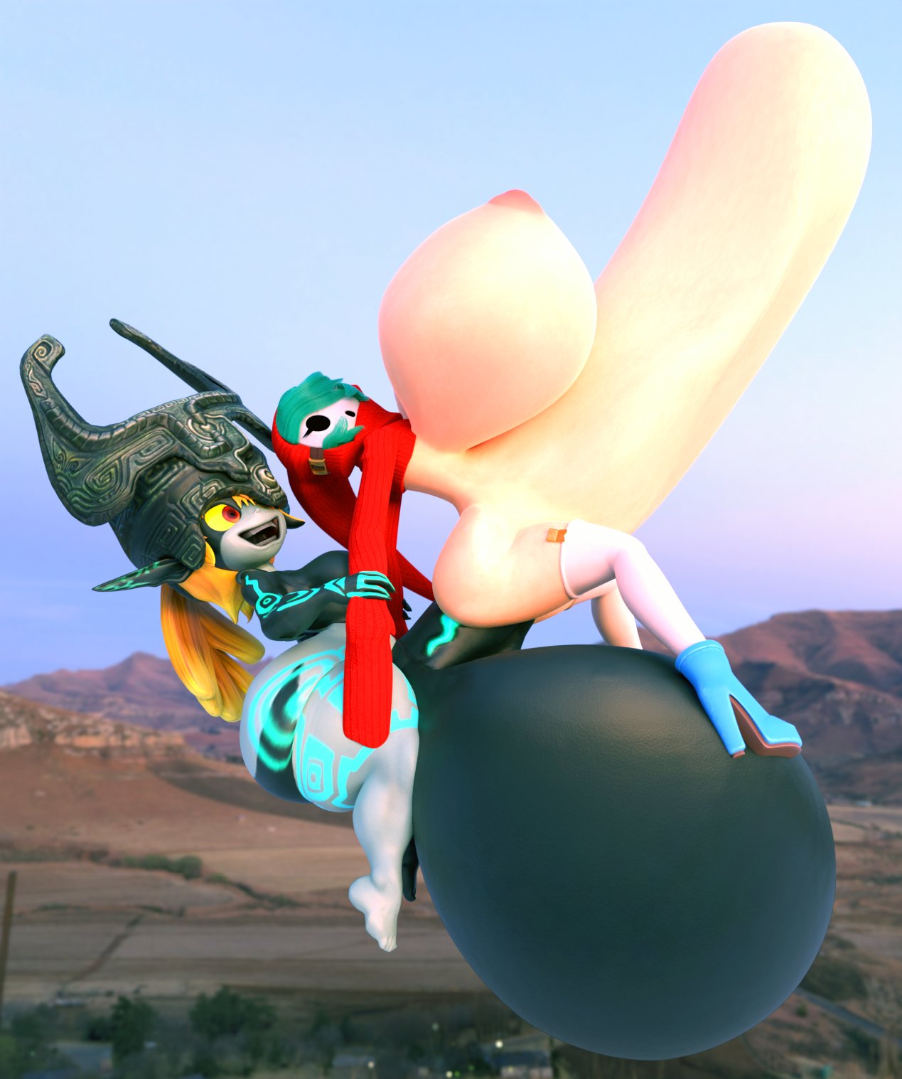 1futa, 1girls, 3d, 3d (artwork), ass, balls, barefoot, black skin, blender, blonde hair, breasts, crossover, dark skin, dark-skinned futa, deep penetration, female, futa on female, futanari, green hair, hair over one eye, high heels, huge ass, huge balls, huge breasts, huge cock, hyper, hyper balls, hyper breasts, hyper penetration, hyper penis, hyper stomach bulge, imp midna, intersex, light skin, light-skinned female, mario (series), midna, nintendo, penetration, penis, rape, rape face, red eyes, shocking (artist), shy gal, shy gal red, stomach bulge, surprise buttsex, tagme, the legend of zelda, thick thighs, twilight princess
