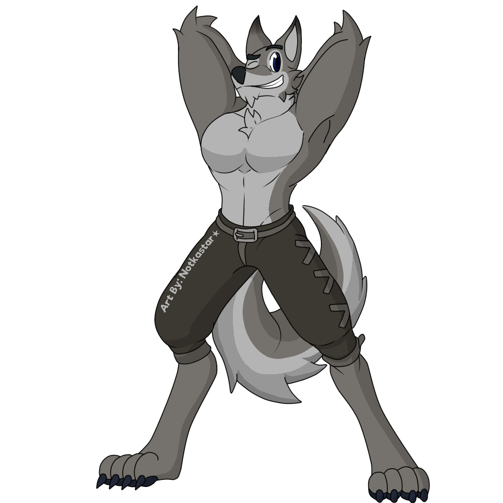 anthro belt bottomwear canid canine canis clothed clothing hands_behind_head male mammal muscular notkastar one_eye_closed pants pecs raised_arms solo solo_male topless wink wolf