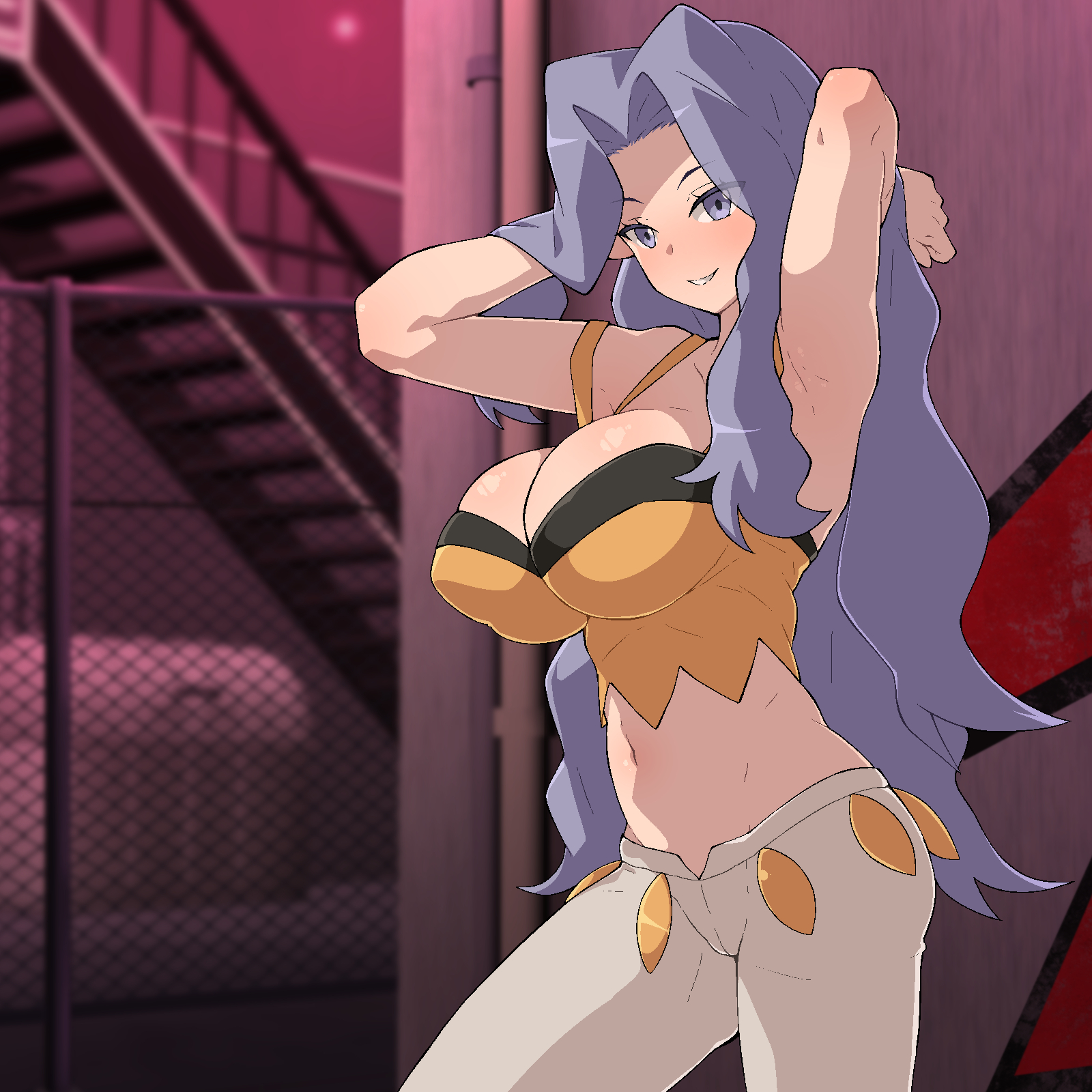 1:1 aspect ratio, arms behind head, bare shoulders, belt, blue eyes, blue hair, breasts, cleavage, crop top, elite four, female, female only, game freak, green eyes, high resolution, karen (pokemon), large breasts, legs, long hair, midriff, nanashi maru, nintendo, pokemon, pokemon (game), pokemon character, pokemon gsc, pokemon hgss, smile, solo, tank top, very long hair